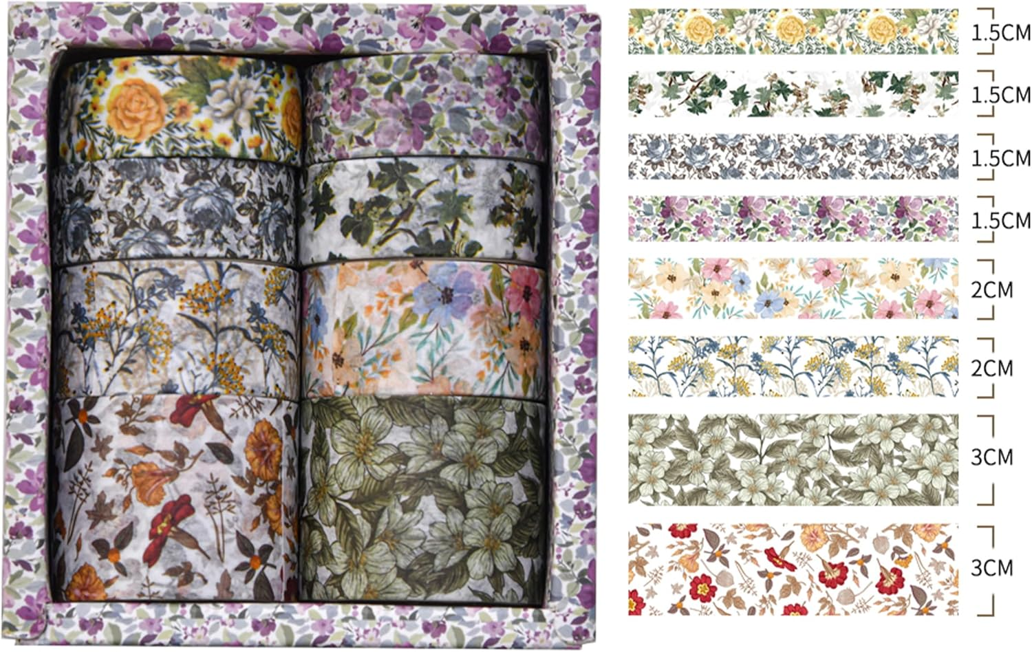 8 Rolls Retro Washi Tape Set Vintage Arts Adhesive Tapes Wide Painting Patterned Decorative Masking Tape Sets for Craft, Kids, Scrapbook, DIY, Gift Wrapping (Flowers & Plants) - Mottled Oil Paint image number 2