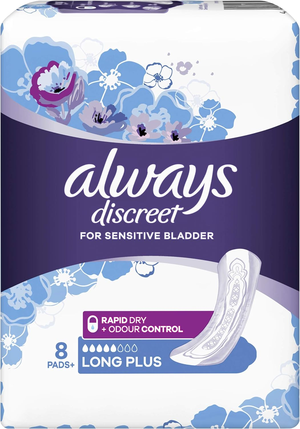 Always Discreet Incontinence Pads, Long Plus, 8 Pack image number 1
