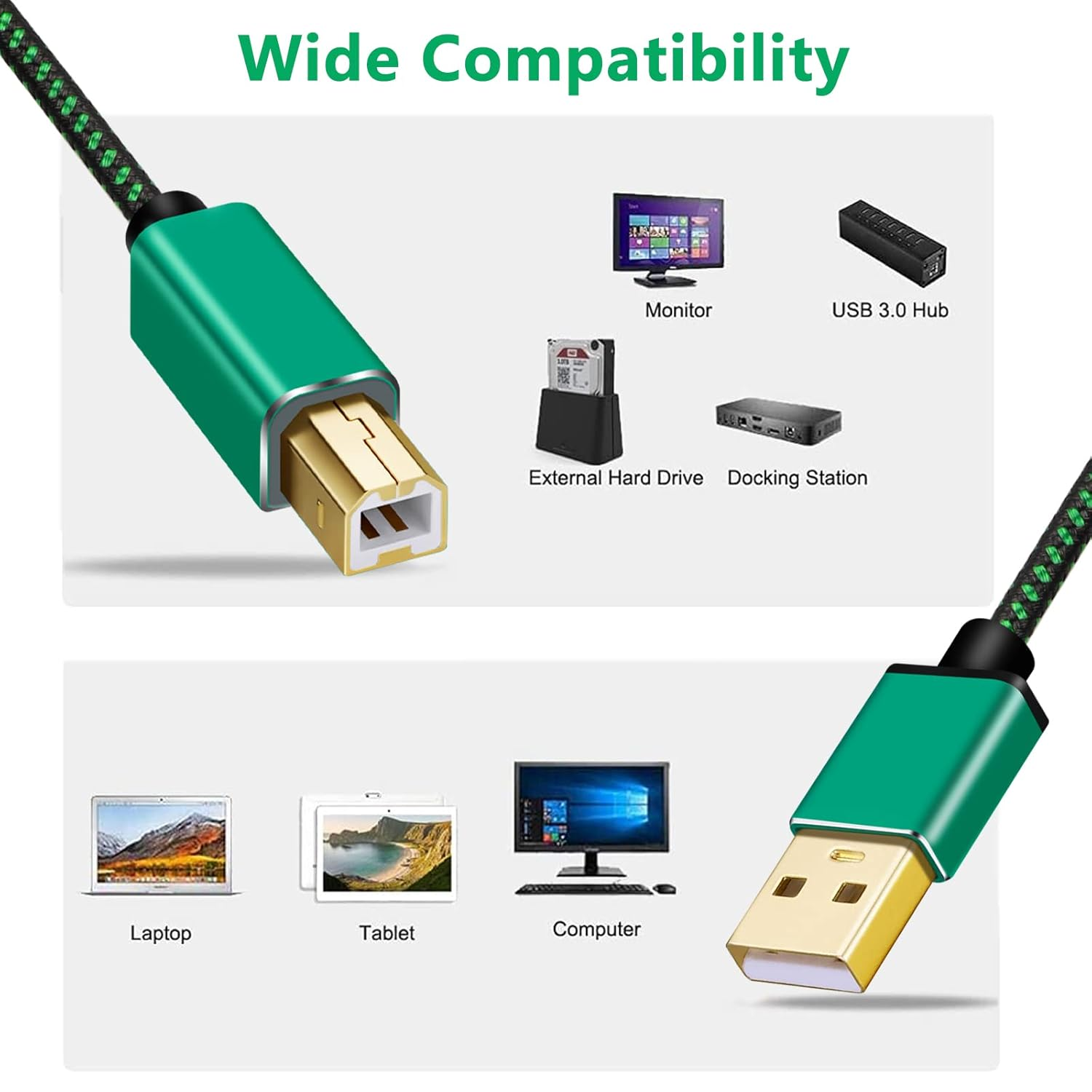 Printer Cable 3M, USB a to Type B Braided High Speed Data & Power Cord 2.0 Long Midi Replacement Cable for Printer/Midi Keyboard Piano DJ Controller/Computer Laptop and More image number 4