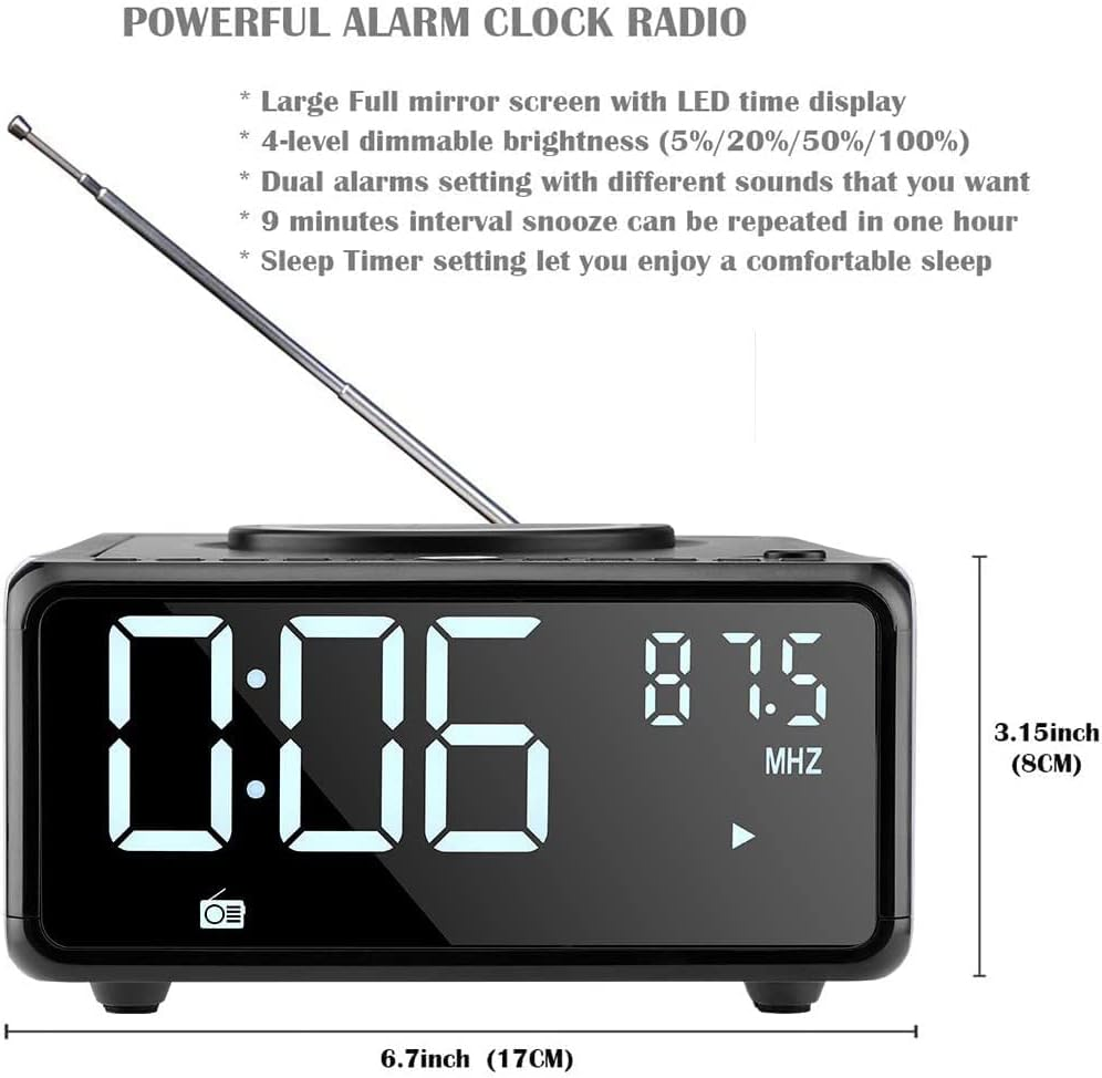 Gelielim CD Player Boombox with Remote, Dual Alarm Clock Radio, Wireless Charger, Bluetooth Digital FM Radio, MP3/USB Music Player, Snooze & Sleep Timer, Dimmable Mirror LED Display （Black） image number 3