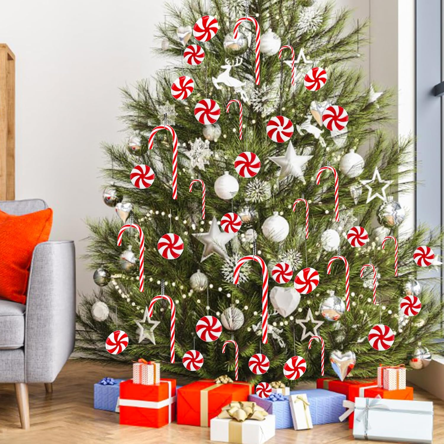 LOMIMOS 50Pcs Christmas Candy Canes Ornament, Plastic Xmas Tree Hanging Decoration Ornament with Crystal Wire Silver Thread for Craft Party Home(Red and White) image number 2