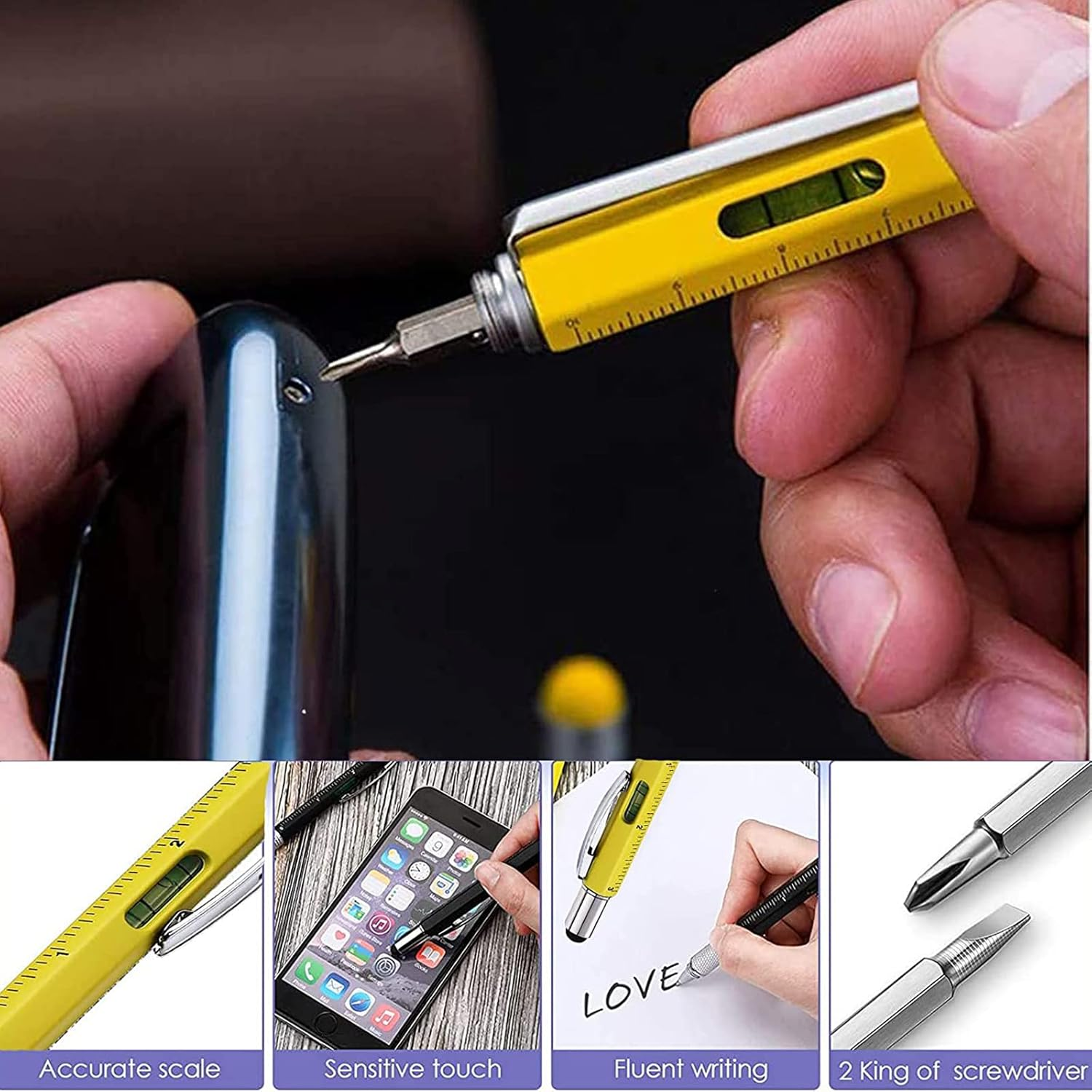 YUENTOEN 8Pcs 6 in 1 Multifunction Pen Tool, Multitool Pen Set with Extra Refills Set, Touch Screen Stylus, Ruler, Levelgauge, Flat Head and Phillips Screwdriver image number 4