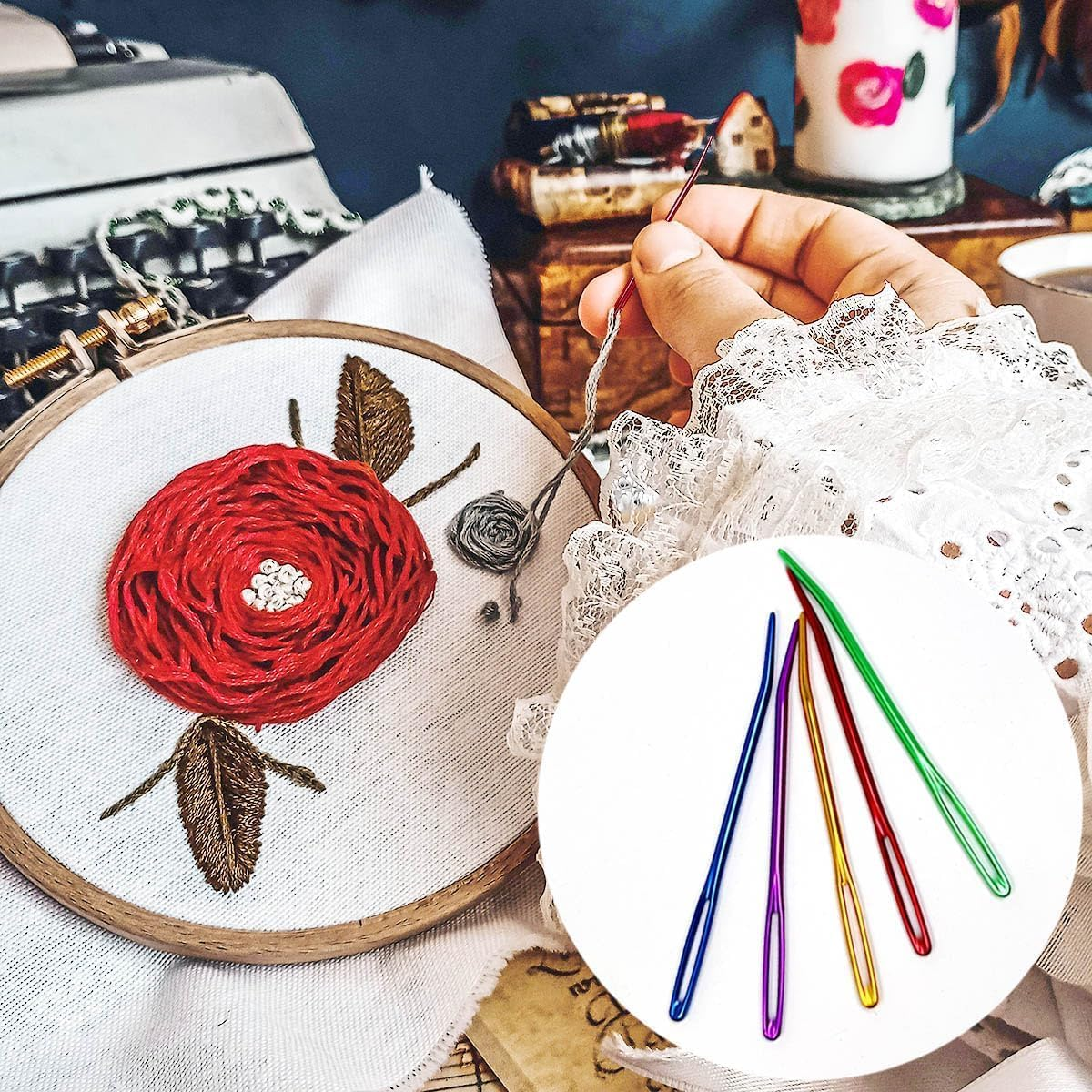 Tapestry Needle Embroidery Needles Yarn Needles, 10Pcs Steel Sharp Darning Tapestry Needle,Stainless Steel Sharp Darning Tapestry Needle,Bent Tip Yarn Needles Hand Knitting Needles with Wooden Case image number 1