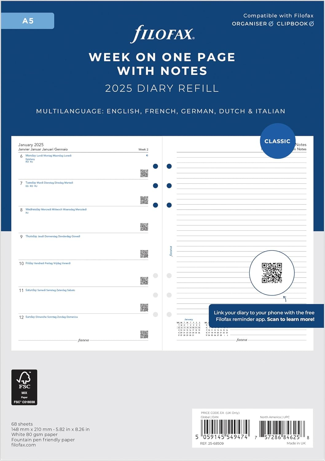 Filofax Calendar Diary Refill, A5 Size, Week on One Page with Notes, White Paper, Multilingual: Five Languages, 2025 (C68509-25)