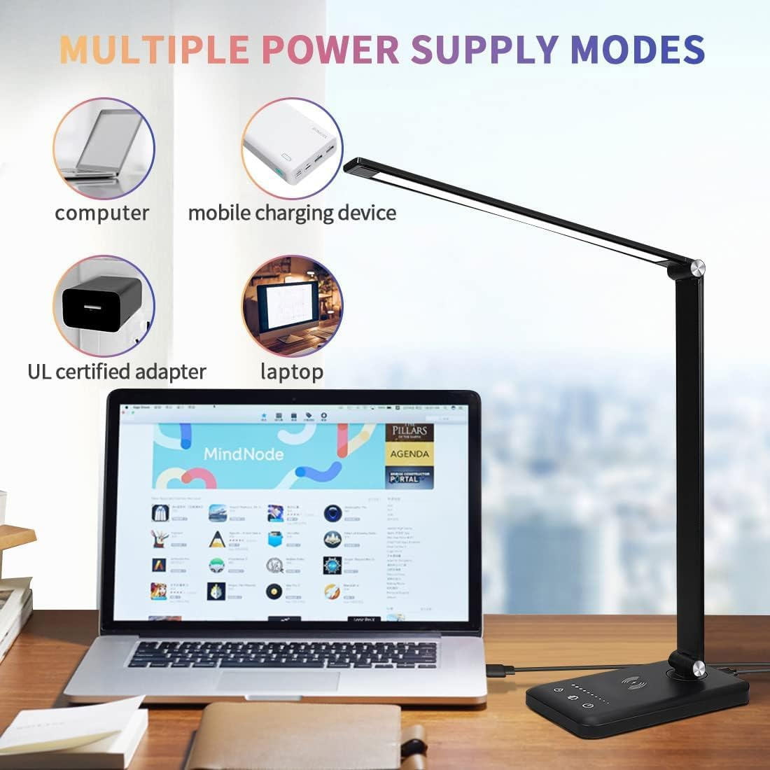 Lylilidy LED Desk Lamp with Wireless Charger & Plug, Table Lamp with 10 Brightness, 5 Lighting Colors, Dimmable Eye-Caring Desk Lamps for Home Office, Touch Control, 30/60Min Auto Timer image number 4