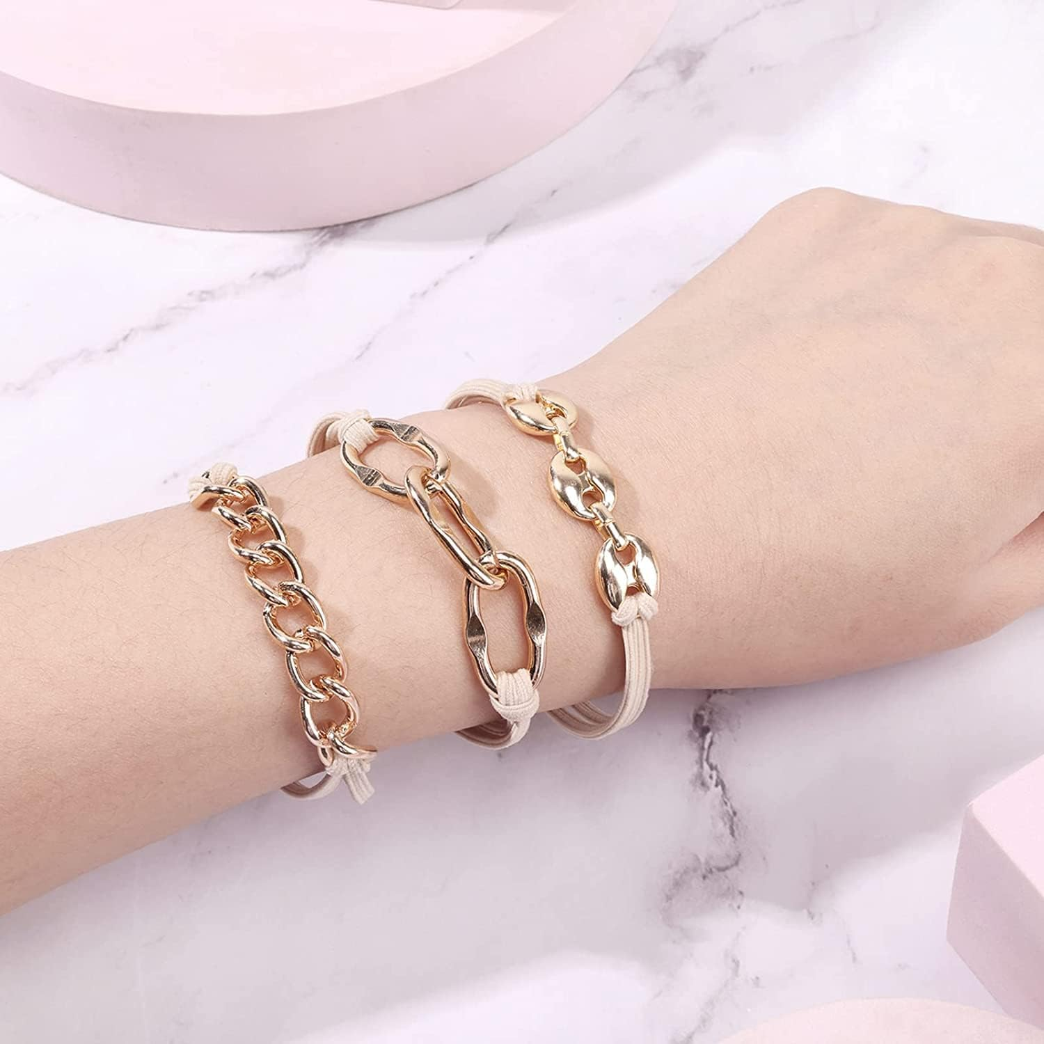 WUBAYI 3Pcs Bracelet Hair Ties for Women-Bracelet Hair Bands with Beige Elastic-Bracelet Hair Elastic Ties-Ponytail Hair Accessory. Looks Cute on Your Wrist, Perfect for Women and Girls (Gold) image number 4