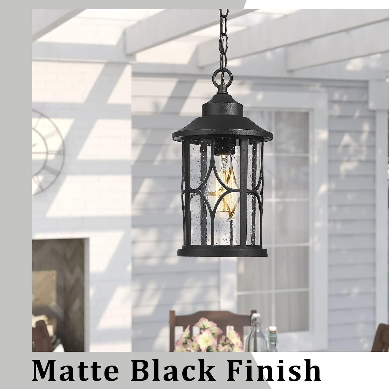 EMLIVIAR Outdoor Pendant Light for Porch - 12 Inch Farmhouse Exterior Hanging Lantern with Seeded Glass, Black Finish, AUX04H BK image number 2