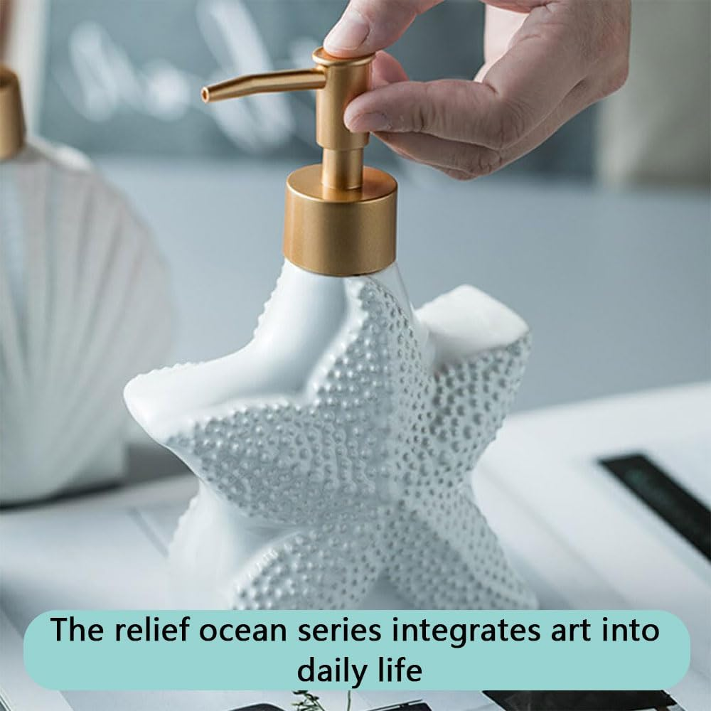 HYAVIA 2 Pack Nordic Ceramic Lotion Bottles, Refillable Soap Dispenser Set with Golden Pump, Shell & Starfish Design for Bathroom D&eacute;cor, Shampoo, Conditioner & Body Wash, 18&times;12Cm