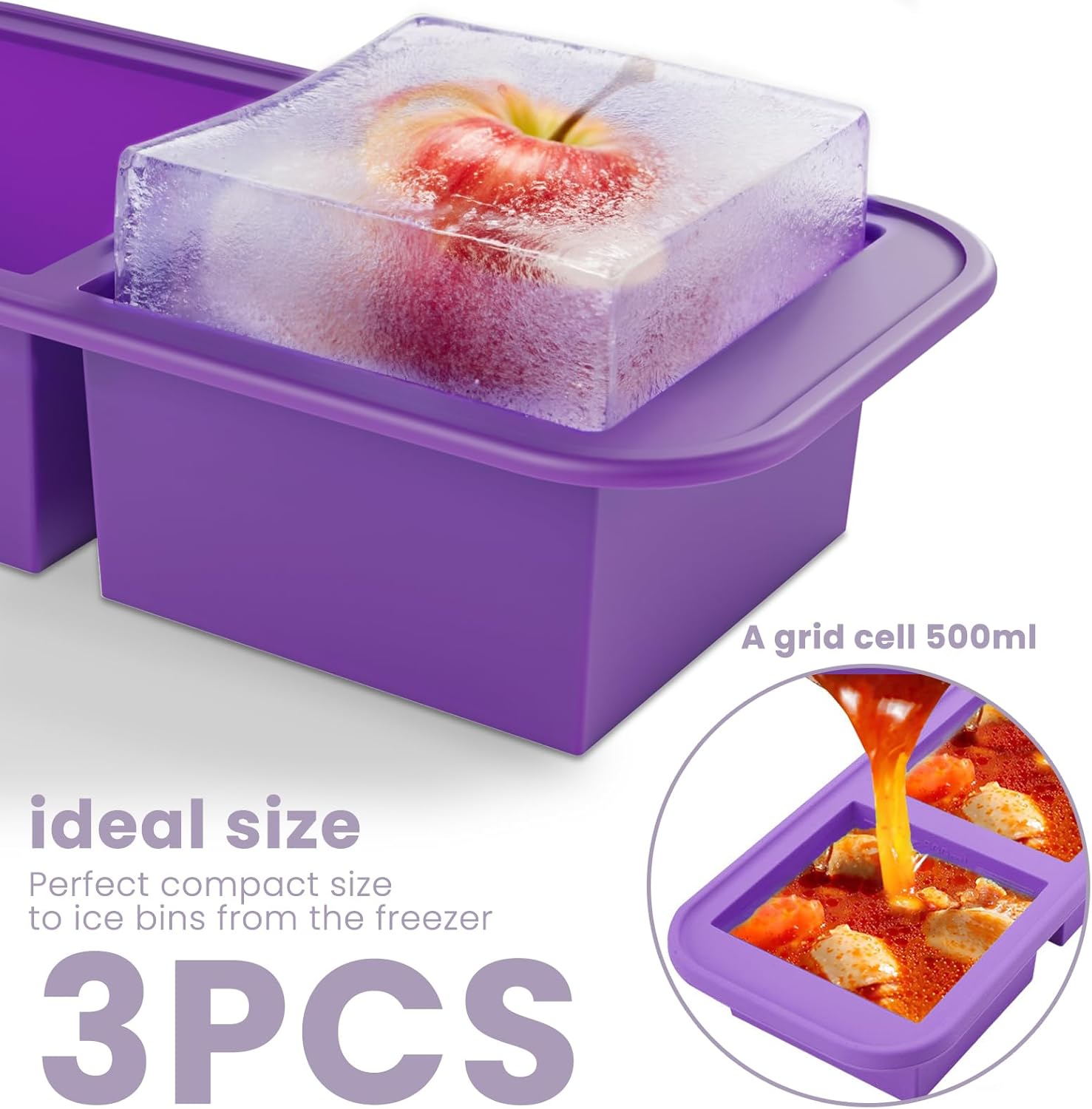 Dawntress Silicone Freezer Tray with Lid - 3Pack Soup Freeze Container Molds Gift Set, Kitchen Portion Food Storage for Freezing Sauce, Broth, Rice, Leftovers and Meal Prep, BPA Free - 1/2, 1, 2 Cup image number 1
