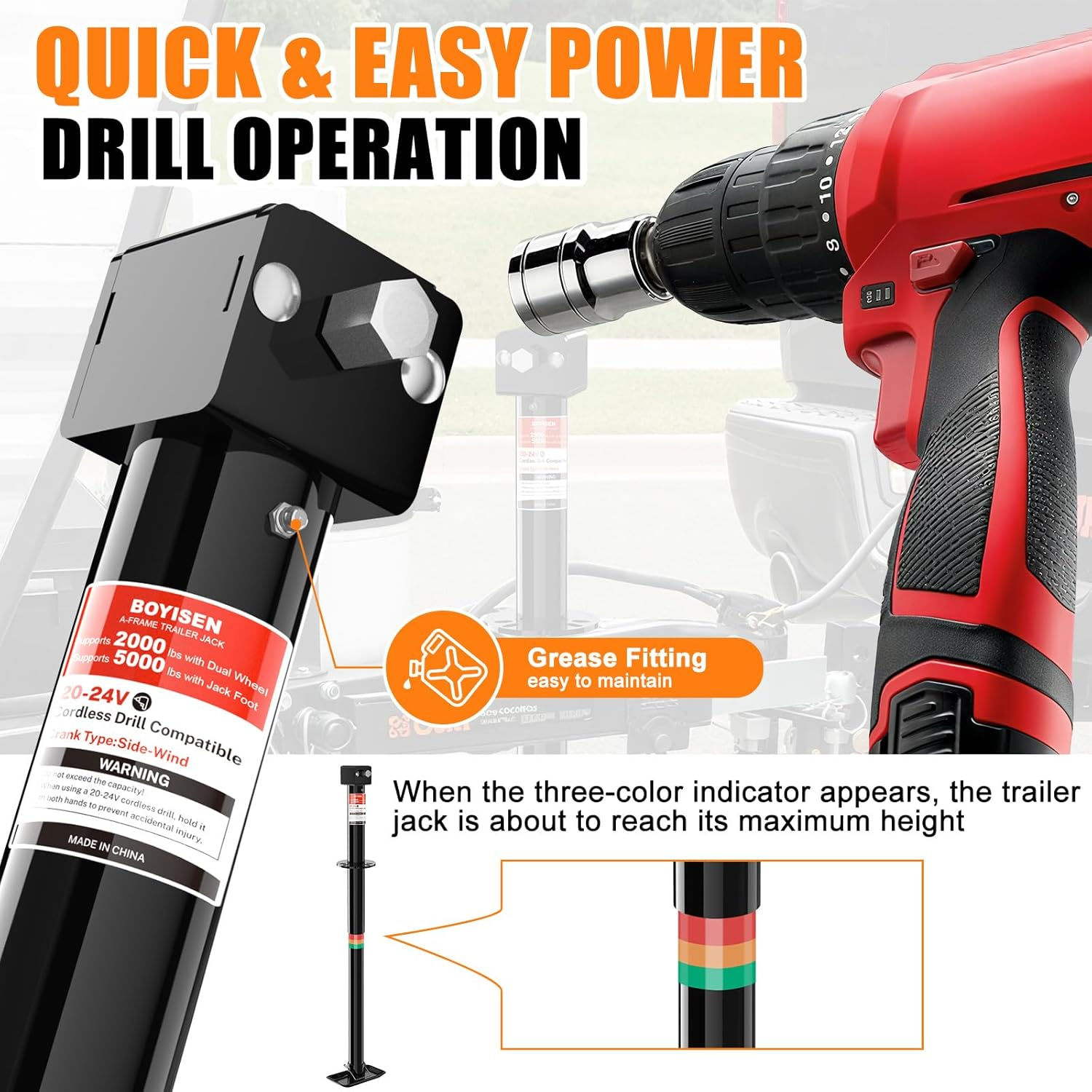 BOYISEN 5000Lbs A-Frame Trailer Jack, Height Adjustable by Power Drill or Handle, Heavy Duty Camper Tongue Jack with 6" Dual Wheel Supports up to 2000 Lbs for Utility Boat Yacht Trailer