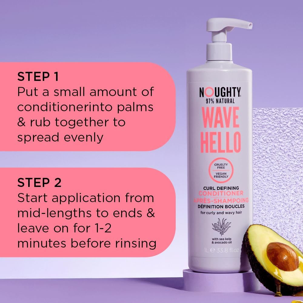 Noughty 97% Natural Wave Hello Curl Defining Conditioner, 97% Natural Sulphate Free Vegan Haircare, Vitamin Rich Formula for Curly and Wavy Hair, with Sea Kelp and Avocado Oil 1L image number 2