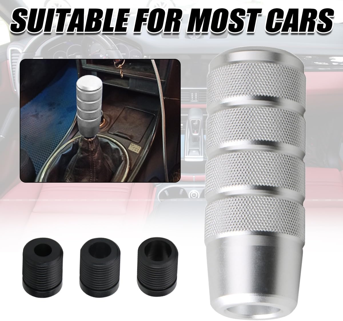 Osilly 95Mm/3.74" Car Shifter Knob, Aluminum Weighted Automotive Gear Shift Manual Knobs Lever with 3 Threaded Adapters M8 M10 M12 X 1.25, Universal for Vehicle（Silver）