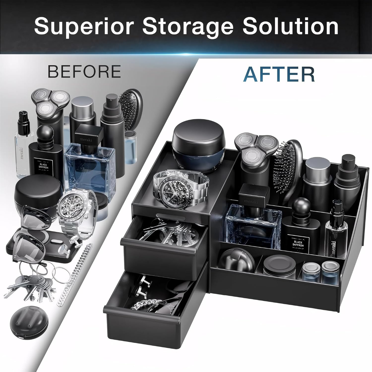 SESLEL Men'S Cologne and Perfume Organiser, Black Acrylic Display Shelf, Cosmetics, and Toiletries, Desktop Storage Organizer Stand for Bathroom image number 4