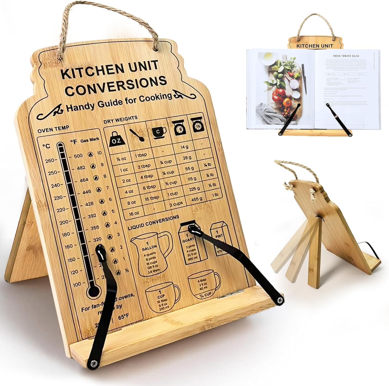 Bamboo Cookbook Stand,Recipe Book Stand with Measurement Conversion Chart,Foldable Cookbook Holder with Flexible Page Holder Clips,Adjustable Reading Holder Stand image number 3