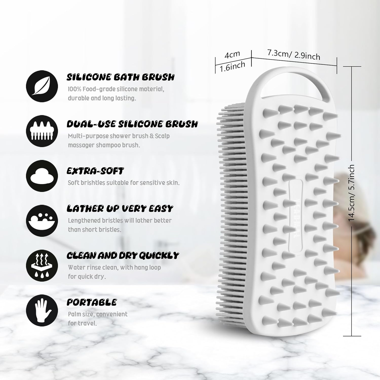 YEADMAL Dual-Use Silicone Body Scrubber with Scalp Massage Shampoo Brush Exfoliating Bath Body Brush Gentle Silicone Shower Scrubber, Lather Well for Shower Gel/Soap/Body Wash (Gray) - Gray image number 4