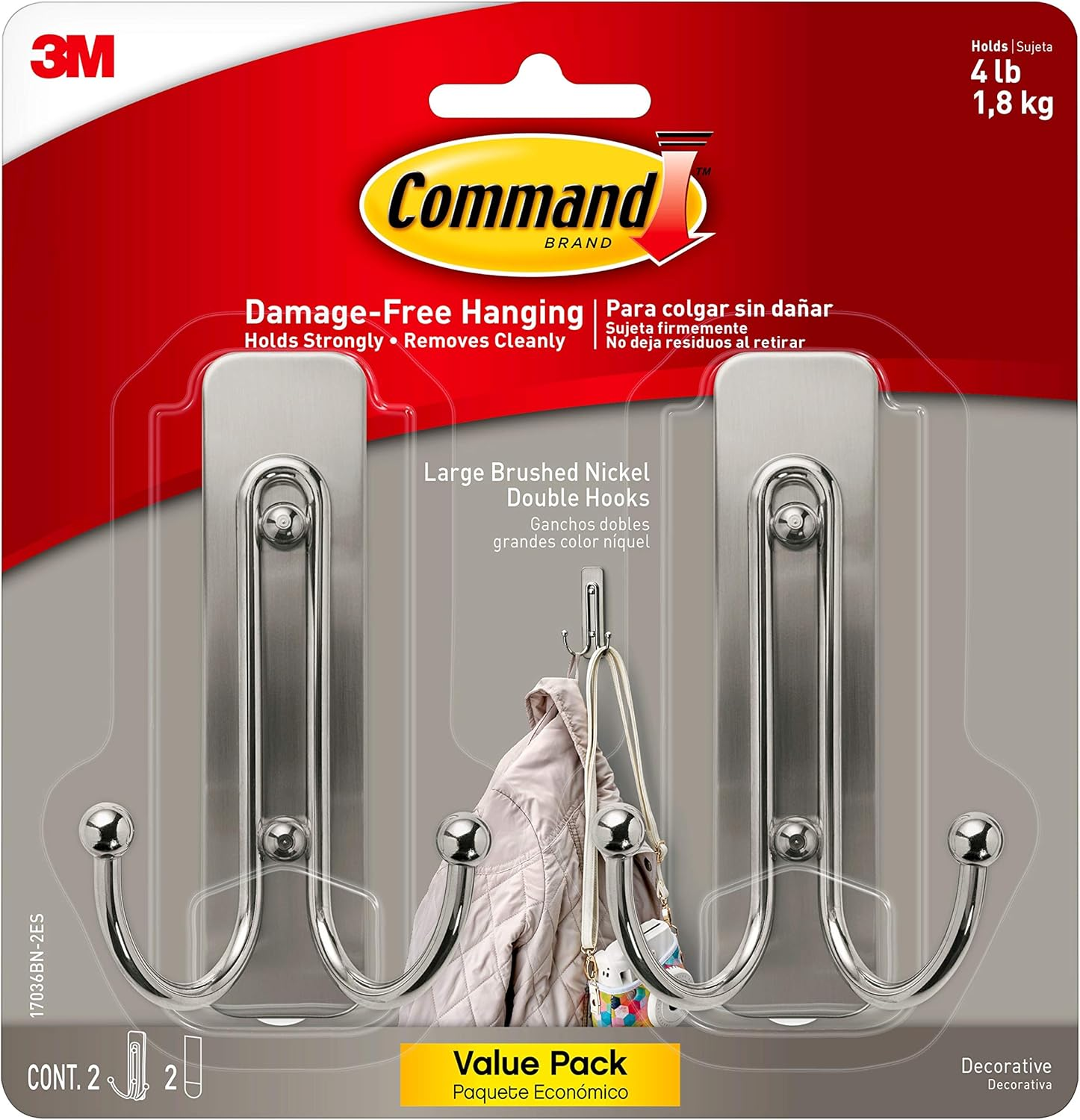 Command Large Wall Hooks, Damage Free Hanging Wall Hooks with Adhesive Strips (2 Pack, Brushed Nickel)