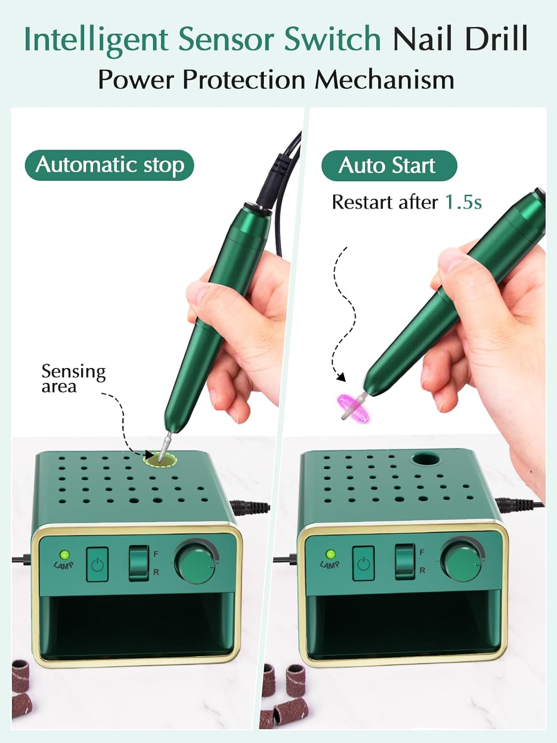 Beloving Nail Drill Machine, 20000 RPM Electric Nail Drill for Acrylic Gel Nails, Portable Professional Electric Nail File Tools with 100PCS Sanding Bands and 6 Nail Drill Bits - Green image number 2
