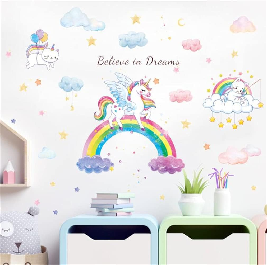 Rainbow Unicorn Wall Decals, Large Size Removable Unicorn Wall Decal Stickers with Cute Cat Kitty Clouds Stars Art Decal, DIY Home Wall Decor Stickers for Girls Bedroom Baby Nursery Kid Birthday Party image number 1