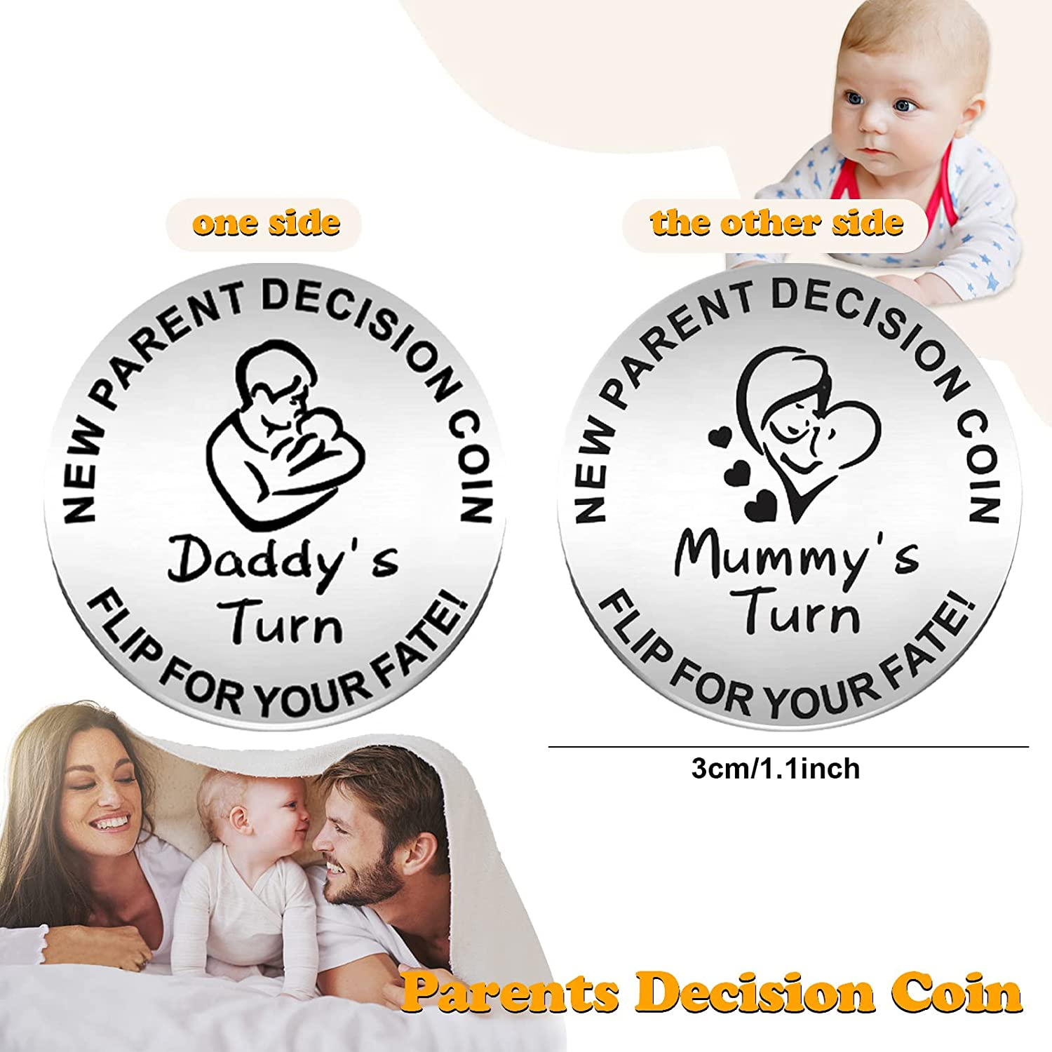 New Parents Decision Coin, Flip Coin for Mum Dad with Gift Box, Engraved Stainless Steel Fun Coin for Decision Making, Novelty Gifts for Mum Dad New Baby New Parents image number 1