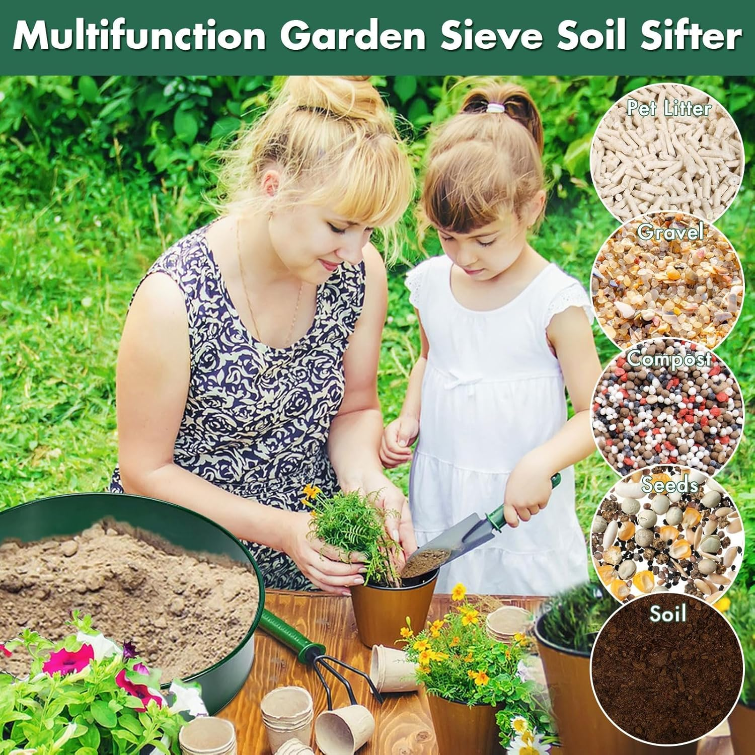 Soil Sifter, 30 Cm Fine Mesh Stainless Steel Soil Sifter for Gardening, Compost Sifter with 4 Interchangeable Filter Mesh Sizes 3,6,9,12Mm and Shovel, Soil Sieve for Sand Rocks Dirt Compost image number 5