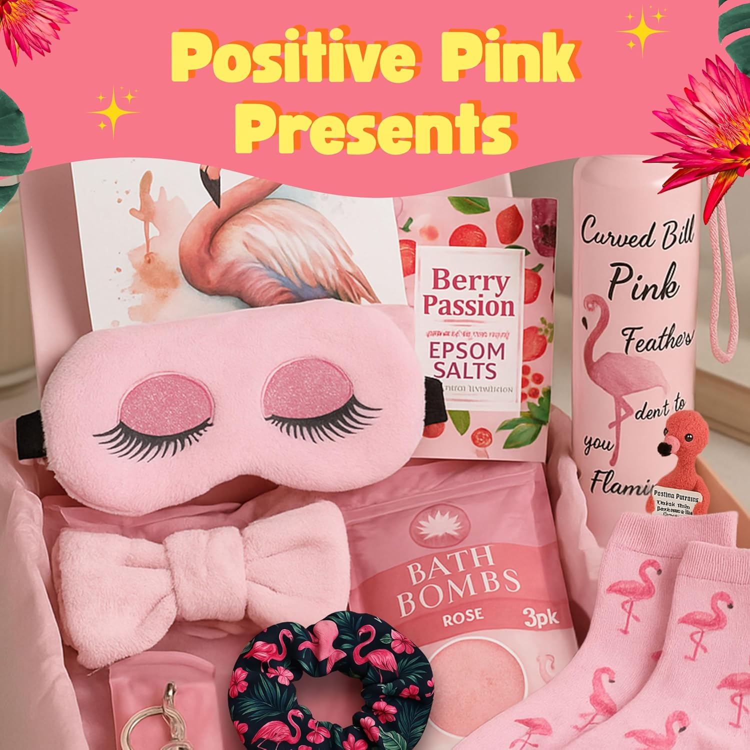 Infinite Emblems Flamingo Gifts Set for Women with Positive Crochet Flamingo, Keyring, Water Bottle, Socks, Bath Bomb, Bath Salt, Sleep Eye Mask, Scrunchies, Pink Headband and Affirmation Card
