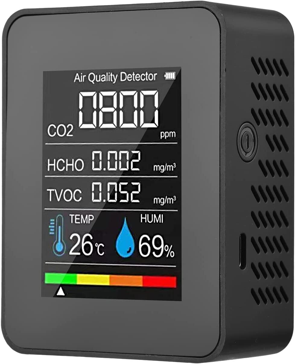 Portable Air Quality Monitor Indoor CO2 Detector 5 in 1 Formaldehyde HCHO TVOC Tester LCD Temperature Humidity Tester Reable CO2 Alarm Meter for Room Office Greenhouse Warehouse