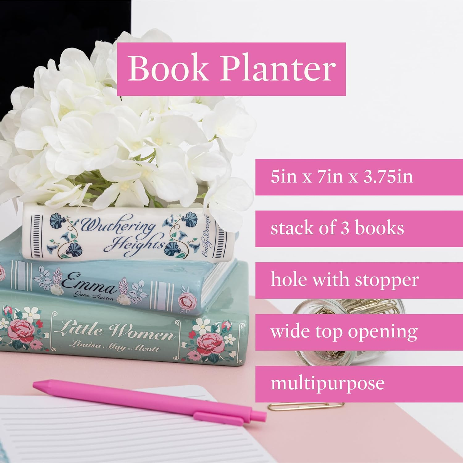 Steel Mill & Co Book-Shaped Decorative Planter, Ceramic Planter for Home Decor, Cute Bookshelf Decor, Unique Planter for Book Lovers, Classic Titles image number 6