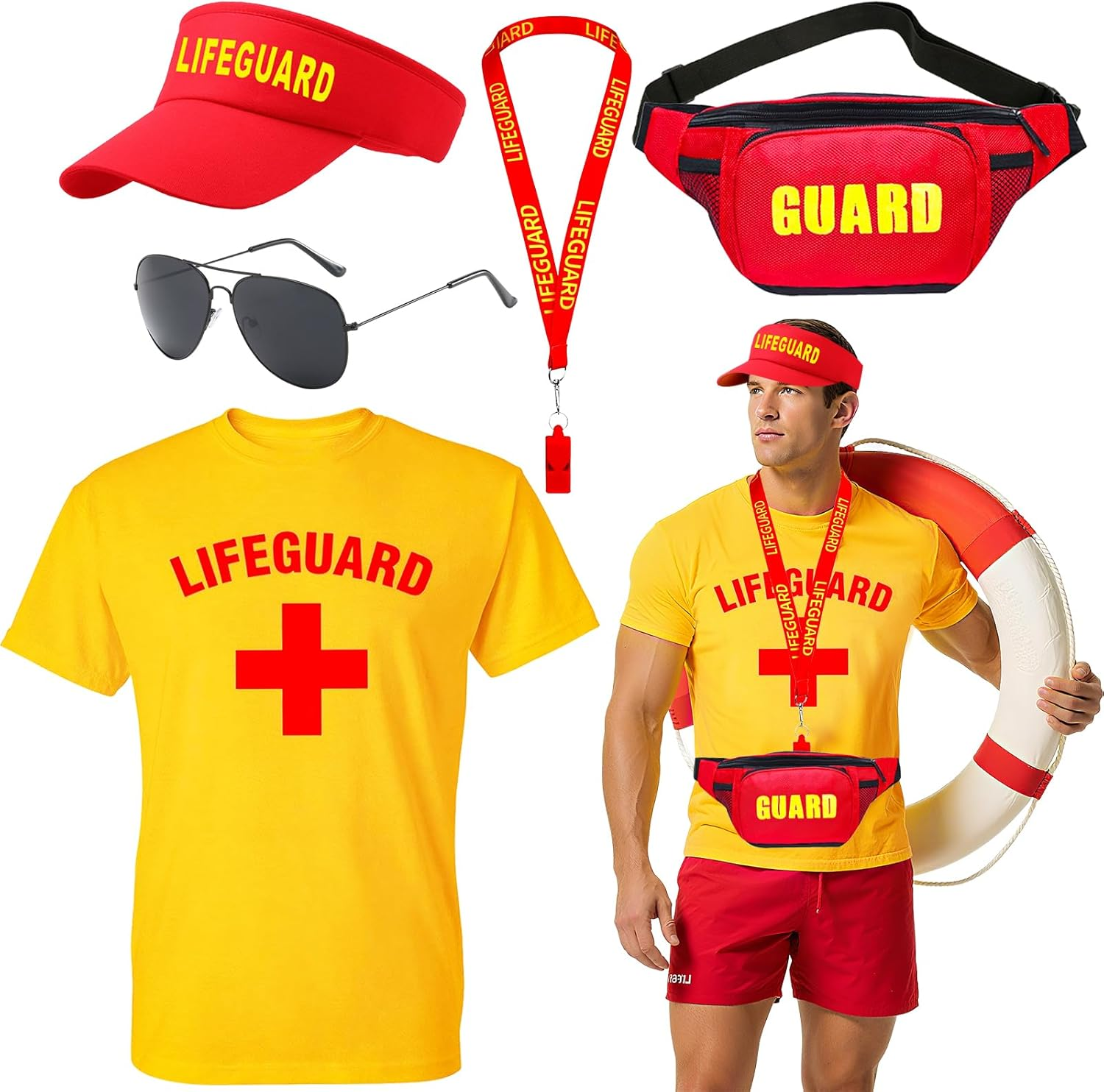 5Pcs Life Guard Costume Set, Lifeguard Fancy Dress Include T-Shirt Hat Fanny Pack Whistle Sunglasses Beach Costume Acccessories for Women Men Pool Party Halloween Cosplay(M) image number 4
