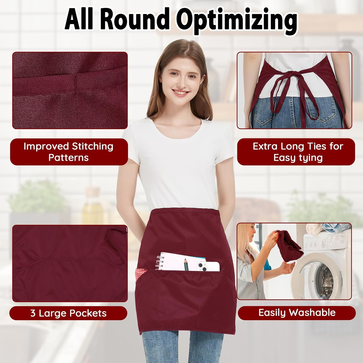 Funchaos 6 Pieces Waist Apron, Waiter'S Apron with 3 Pockets, Waterproof Half Apron for Men and Women, Cooking Apron for Cooking, Cleaning, Painting, Gardening, Bistro, Restaurant image number 4