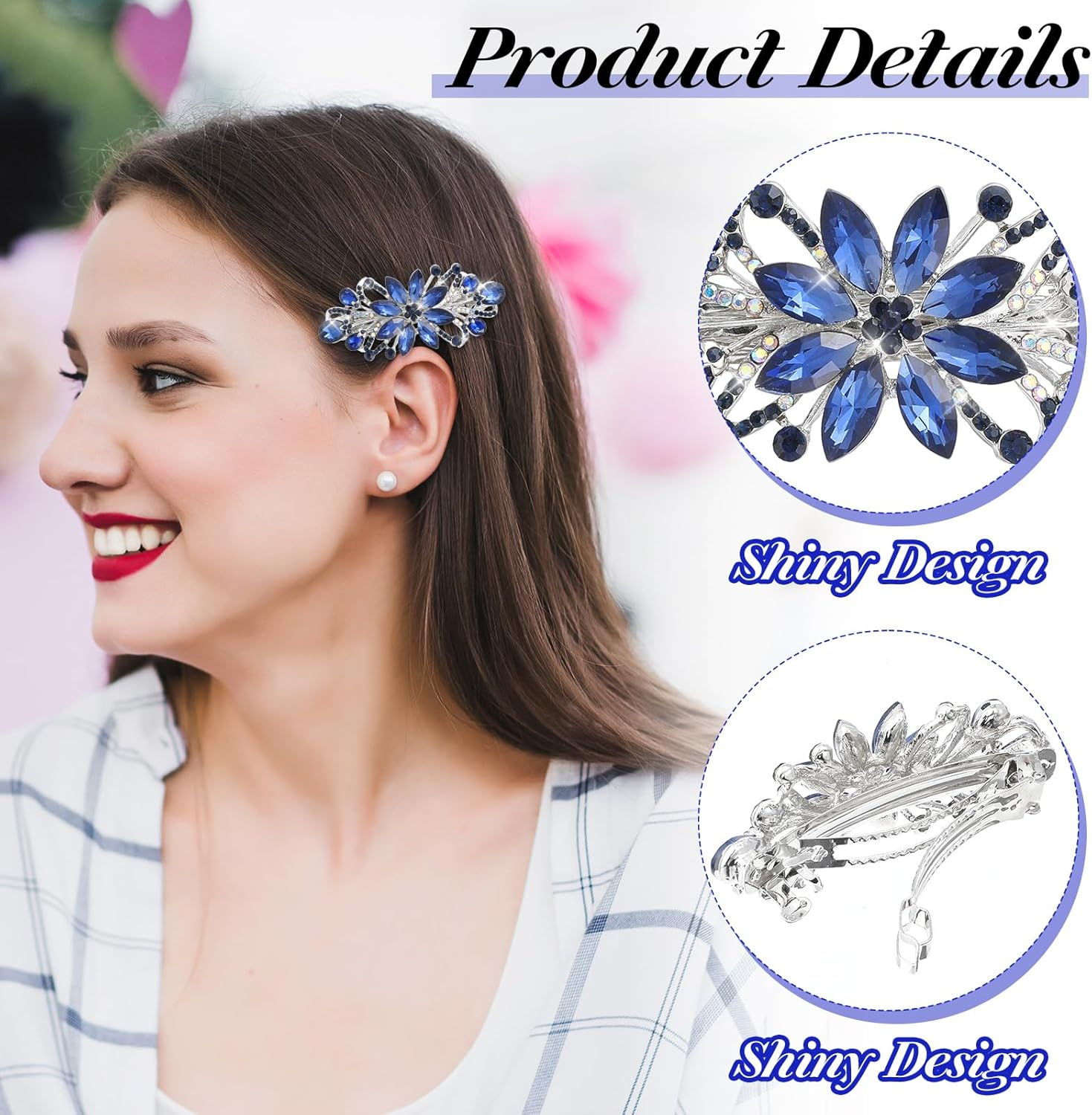 Hair Clip Flower, Vintage Rhinestone Style Barrettes, Blue Crystal Style Hair Clip, Luxury Jewellery Design Hairpin, Metal Spring Hair Clips for Women and Girls image number 2