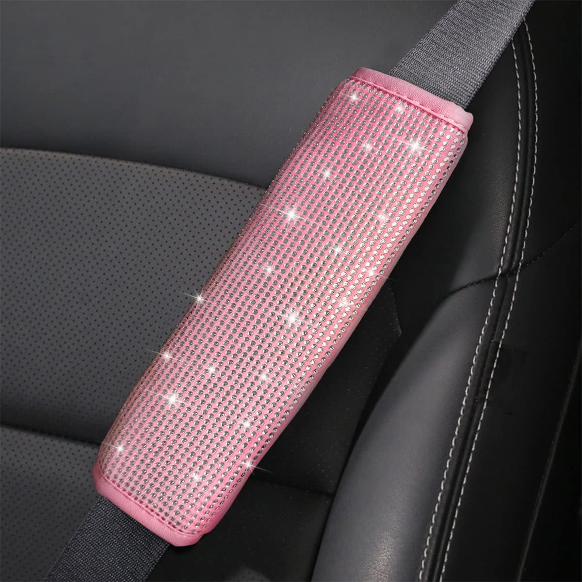 Bling Car Seat Belt Shoulder Pads, 2PCS Rhinestone Crystal Auto Seat Belt Covers, Diamonds Glitter Seatbelt Cushions for Women Girl, Car Decor Accessories for Most Cars, Trucks, SUV (Pink) - Black image number 3