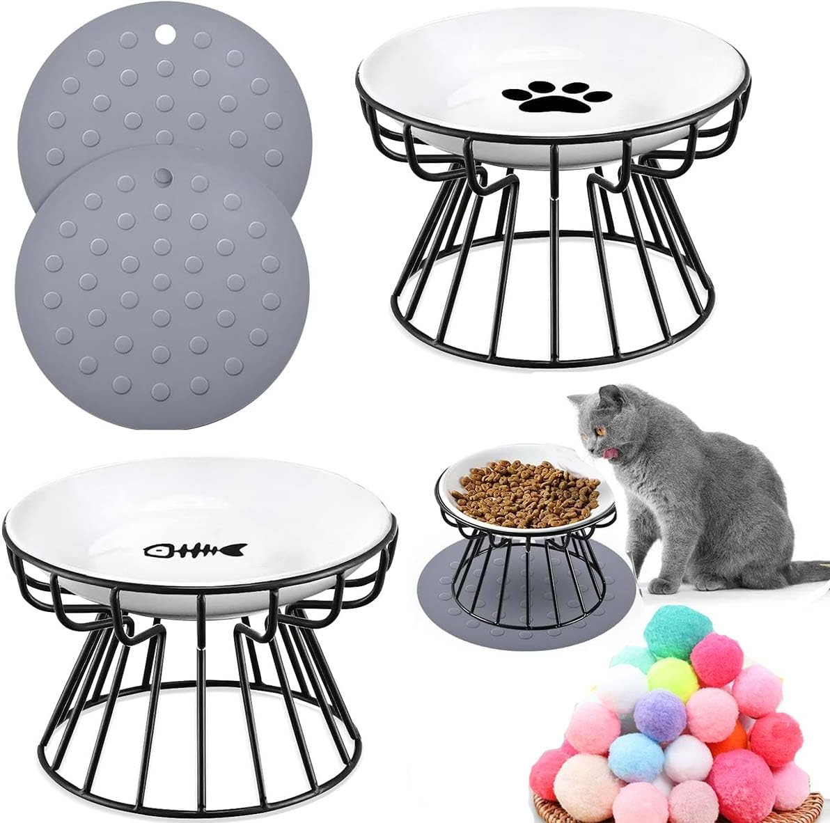 2-Piece Cat Bowls Black Raised Pet Bowl Prevent Neck Pain Feeding Wide Cat Bowl anti Vomiting Cat Feeding Plates with Non-Slip Mat and Cat Toy B