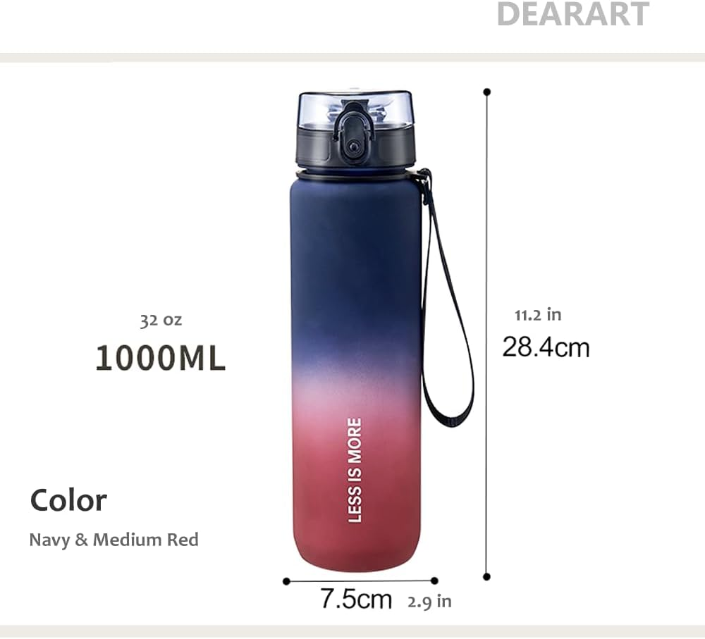 DEARART 1000Ml Water Bottle with Motivational and Time Marker, BPA FREE Quick Drink without Straw, Suit Sports Office Gym Travel, Deep Blue&Red image number 2