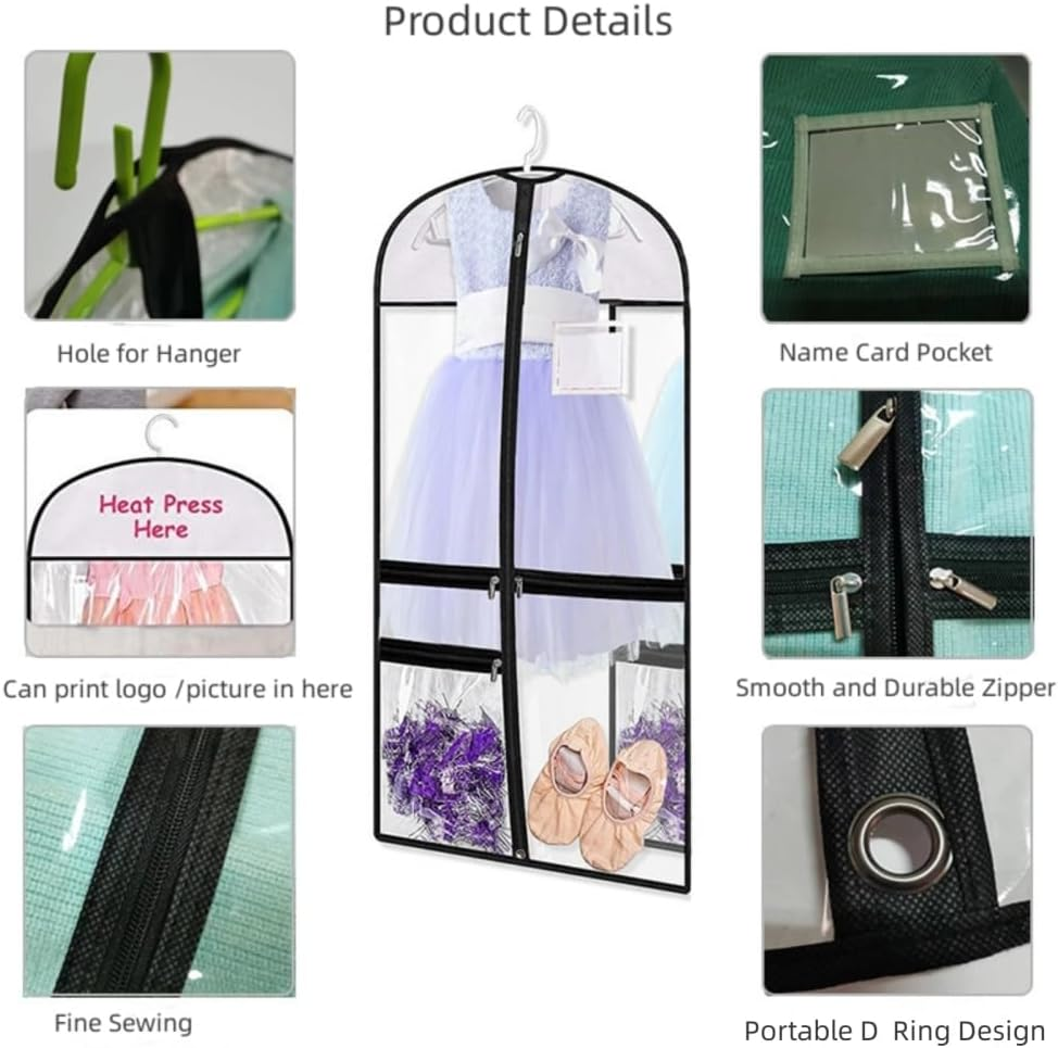 Clear Dance Costume Garment Bag, 39 Inch Garment Bag for Dance Competitions, Kids Hanging Clothes Cover for Girls Closet Storage with 3 Zippered Pockets (2 Pack, Clear) image number 2