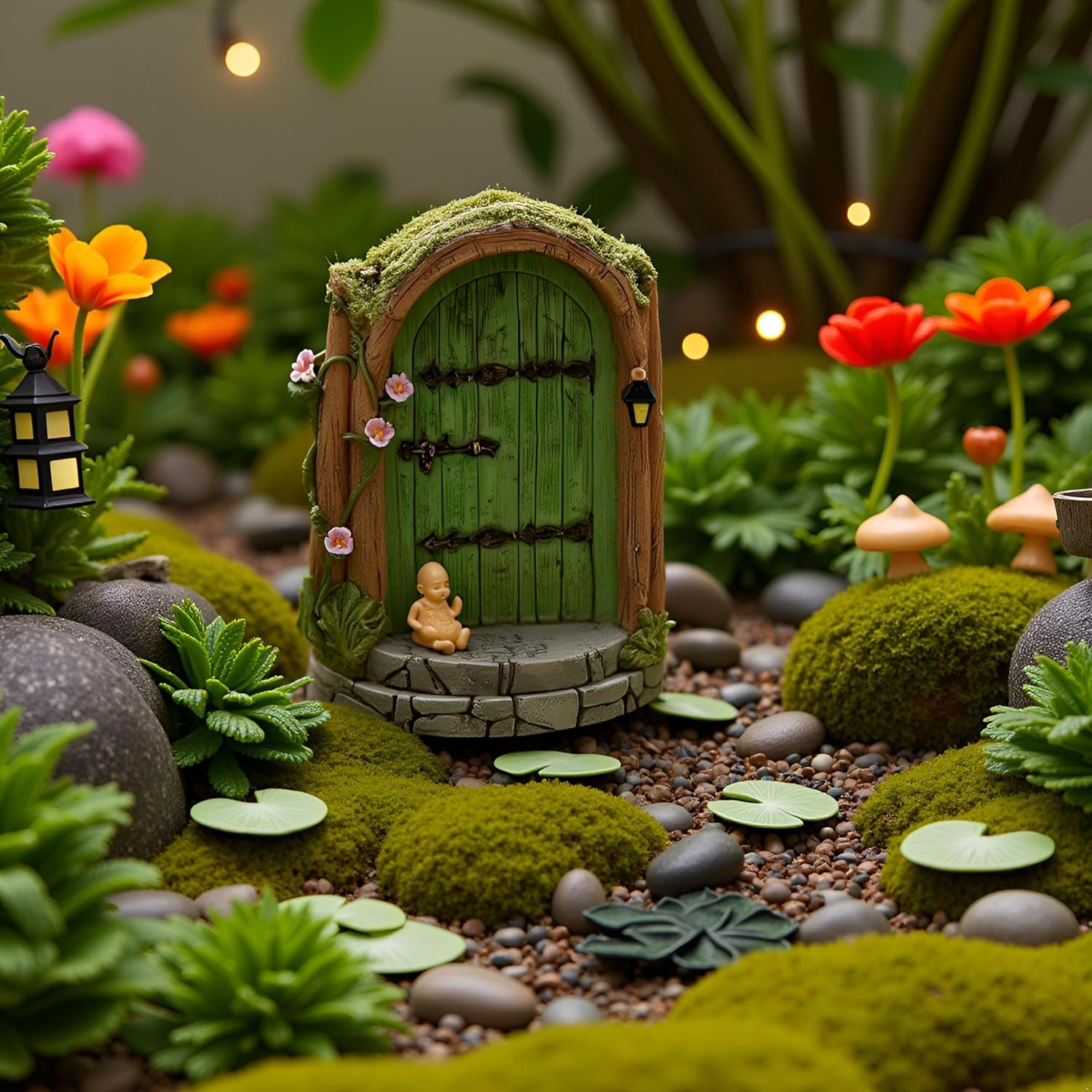 Green Fairy Door Wooden Miniature Fairy Garden Doors Outdoor Mini Fairy Gnome House Accessories for Tree Trunk Ornaments Garden Miniatures,Garden Sculptures and Statues，Outdoor Statues image number 3