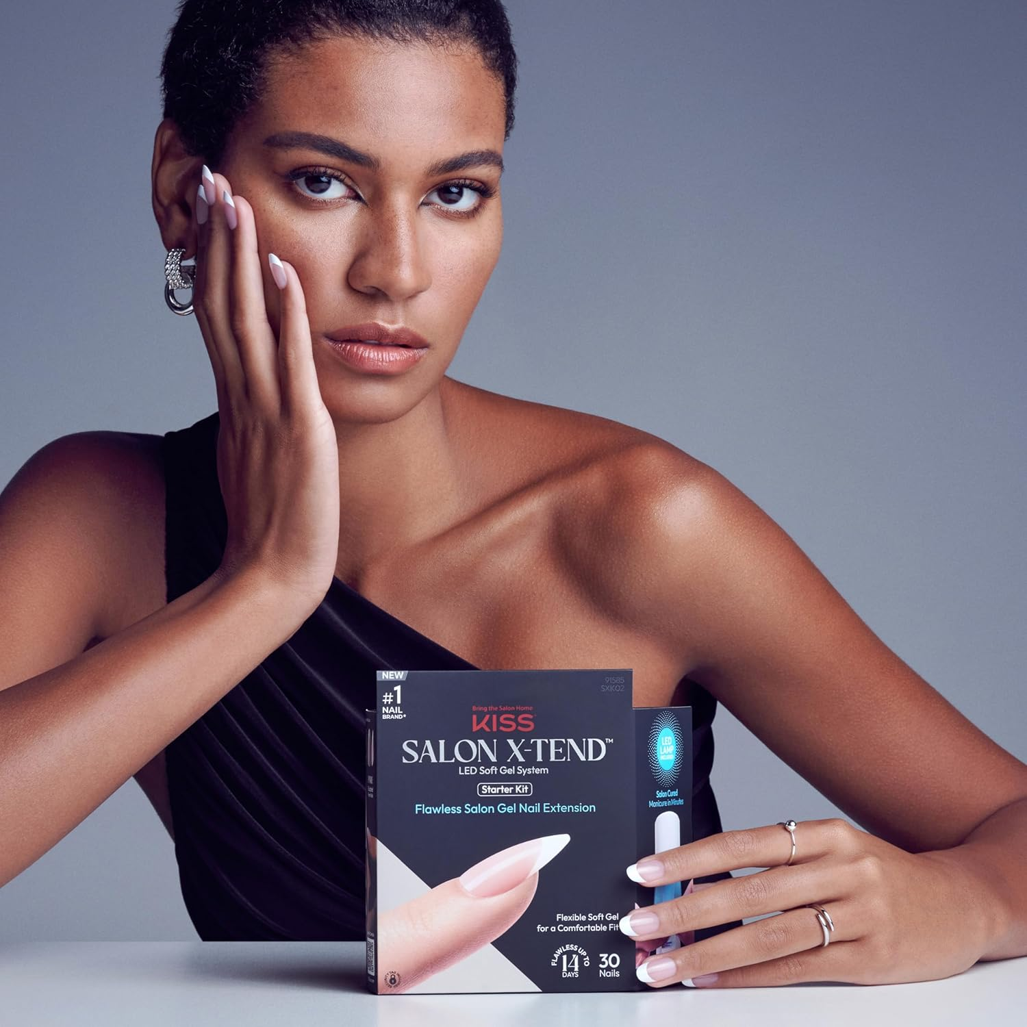 KISS Salon X-Tend, Press-On Nails, Nail Glue Included, Pure', Light White, Medium Size, Oval Shape, Includes 30 Nails, 5Ml Led Soft Gel Adhesive, 1 Led Lamp, 1 Prep Pad, 1 Manicure Stick, 1 Mini File