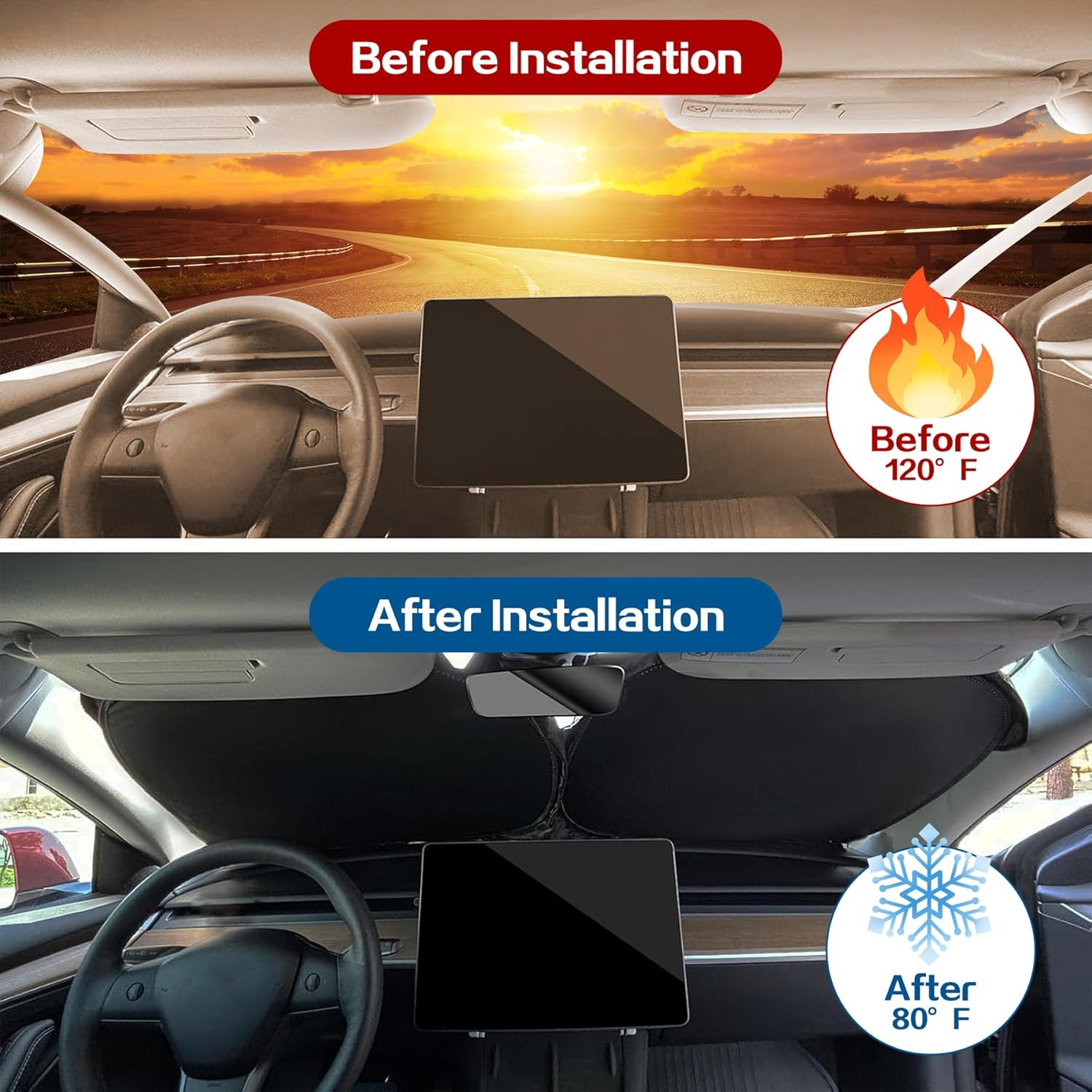 Windshield Sunshade for Tesla Model Y Juniper, Folding Front Window Sun Shade Cover for Model 3 Highland, Reflective Heat & Sun, UV Blocks Visor, Privacy Protection, for Teals Model Y/3 Accessories image number 1