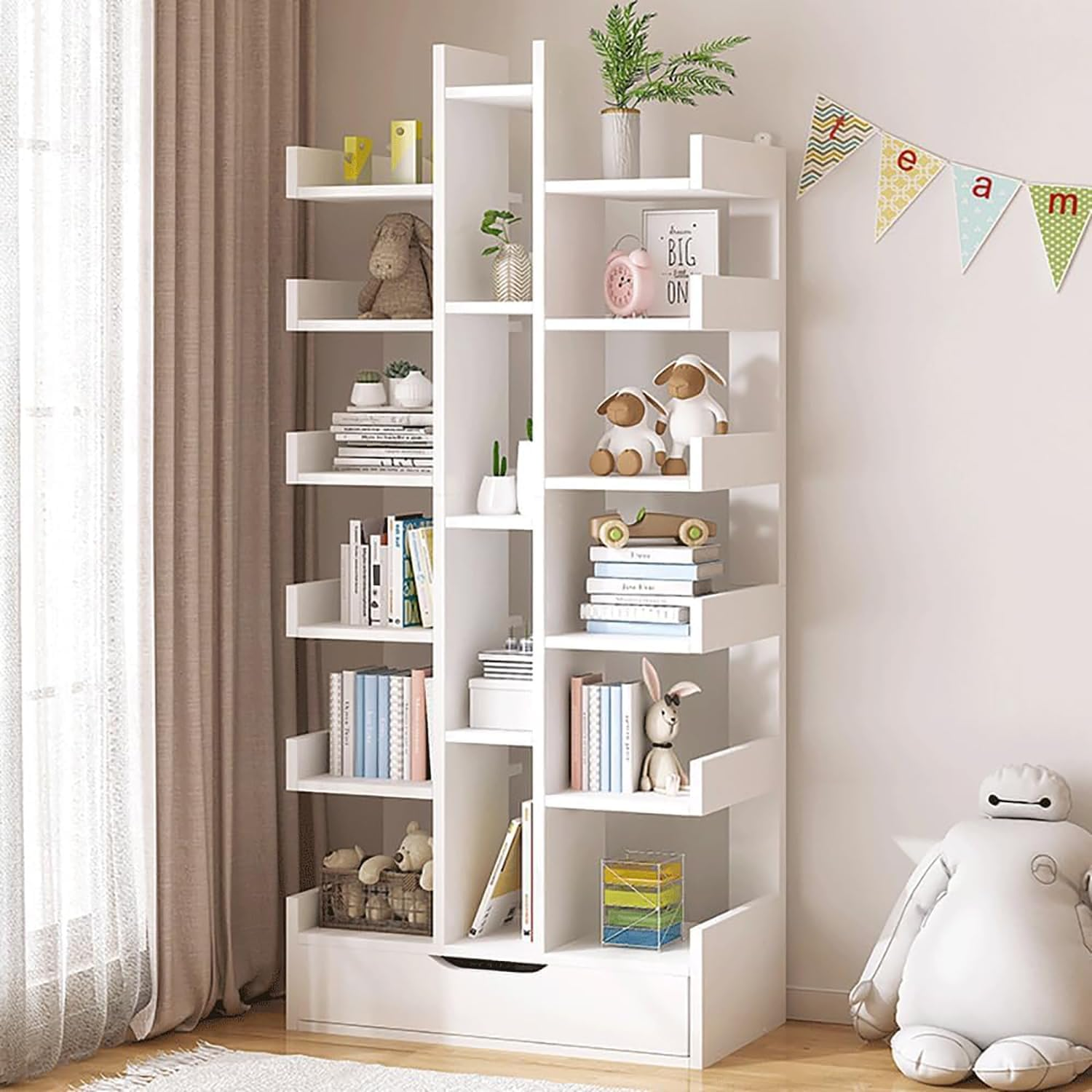 18-Tier Floor Standing Tree Bookshelf, Home Corner Bookcase with Drawer for Cd/Movies/Books, Home Shelf Cabinet Bookcases Storage Rack for Bedroom,Living Room,Office (18-Tier White)