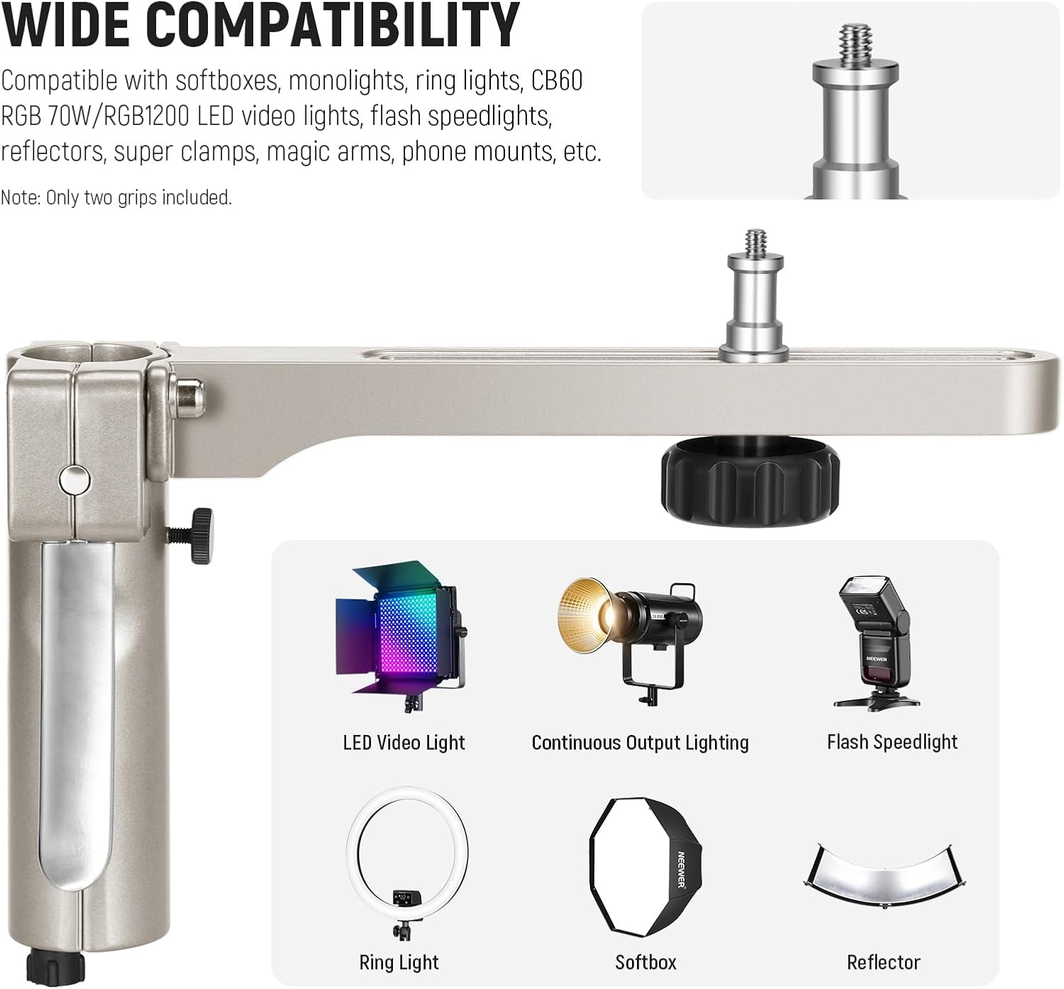 NEEWER 6.5Ft/198Cm Stainless Steel Light Stand, Heavy Duty Tripod Stand with Caster Wheels, 2 Sliding Arms with Pistol Grip, Folding Leg for Photography Softbox Monolight, Max. Load 35Lb/16Kg, ST198SS image number 6