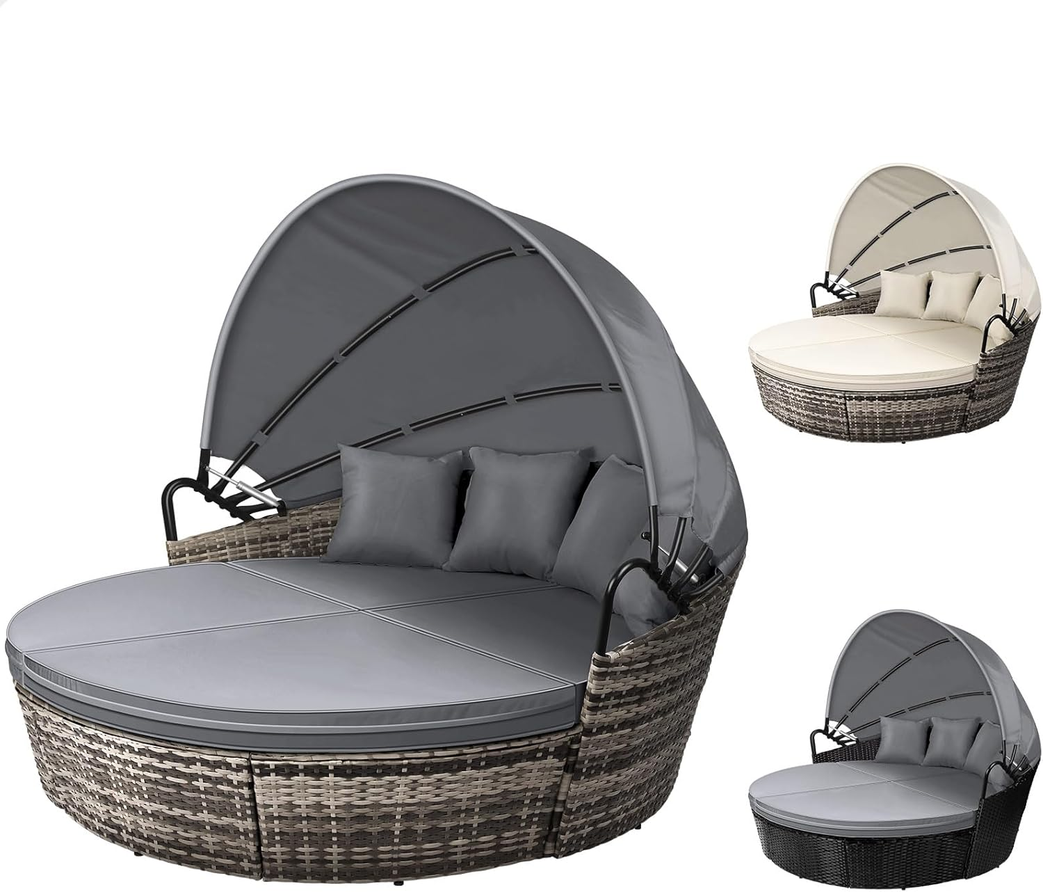 ALFORDSON Sun Bed Sofa 3Pcs with Adjustable Canopy, Wicker Outdoor Tanning Lounger with Fabric Seat Cushions & Pillows, Steel Frame Lounge Chair Furniture for Garden Pool Patio Backyard, Black Grey