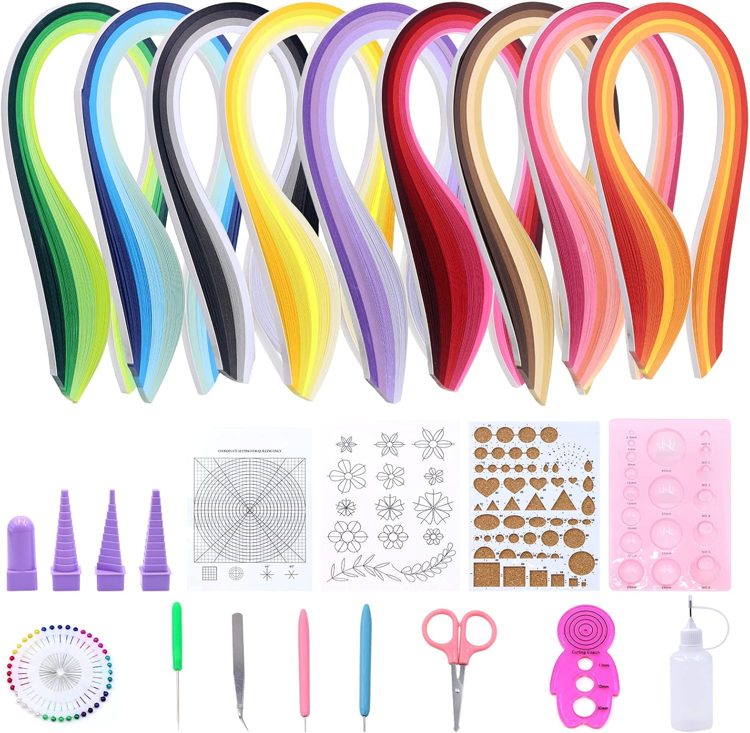 Glarks 916Pcs Paper Quilling Tools Kit, 900Pcs 5Mm 45 Colors Strips with Slotted Pen Curling Coach Tweezers Awl Shaping Tool Pearl Pin Bump Styler Mold Coordinate Setting Flower Pattern Board Set image number 4