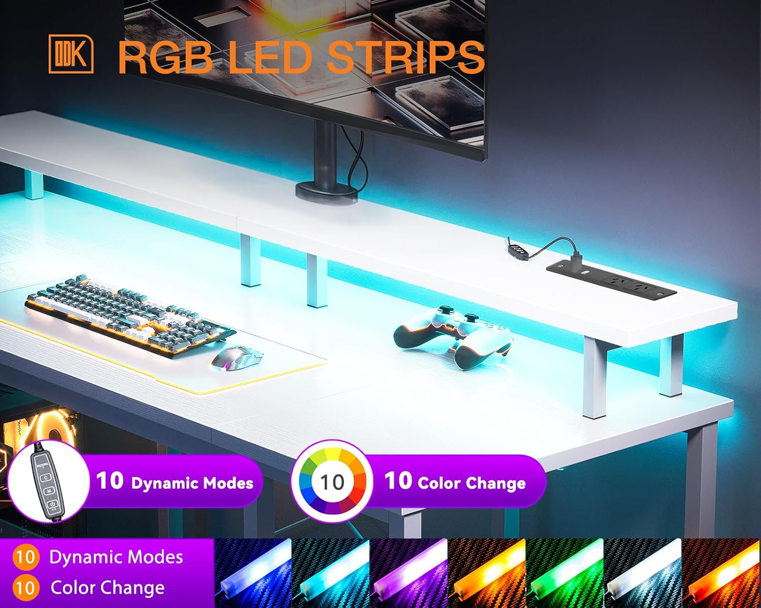 ODK Computer Desk with RGB Light Strip & Built-In Socket, Office Desk with Large Monitor Stand, Gaming Table with Monitor Stand, 120 * 50 * 86.8Cm,White image number 6
