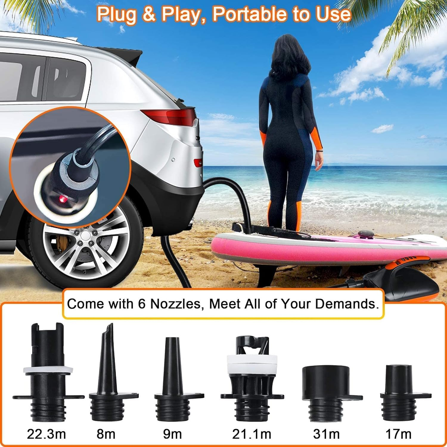 Electric Air Pump SUP 20PSI High Pressure Air Pump Quick-Fill Inflator Paddle Board Pump 12V DC Car Connector Dual Stage Inflation Paddle Board Pump for Inflatable Stand up Paddle Boards, Kayak, Boats image number 2