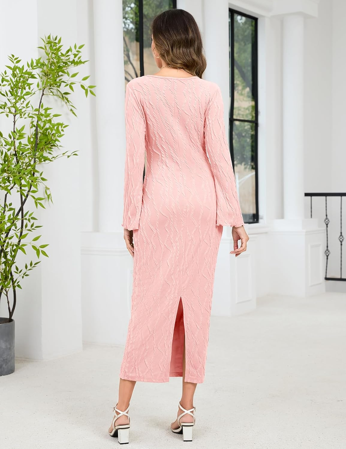 Maternity Dress Ribbed Knit Long Sleeve round Neck Bodycon Mid Pregnancy Dresses Casual Baby Shower Bell Sleeve image number 3