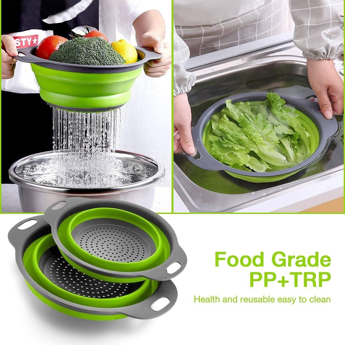 Collapsible Colander Set of 2 round Silicone Kitchen Sink Strainer Set and Fruit Basket- 1 Large 1 Small Perfect for Draining Pasta, Vegetable and Fruit - Home Essentials (Green) - Red image number 6