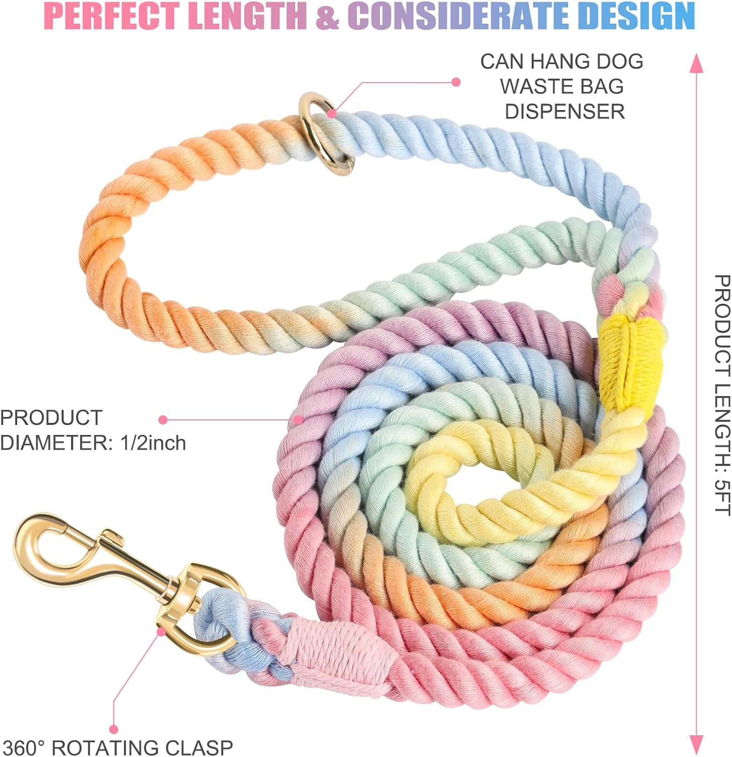 NUGUTIC 5 FT Dog Leash Handmade Braided Rope Dog Leash for Small Medium and Large Dogs, Colorful Macaron image number 3