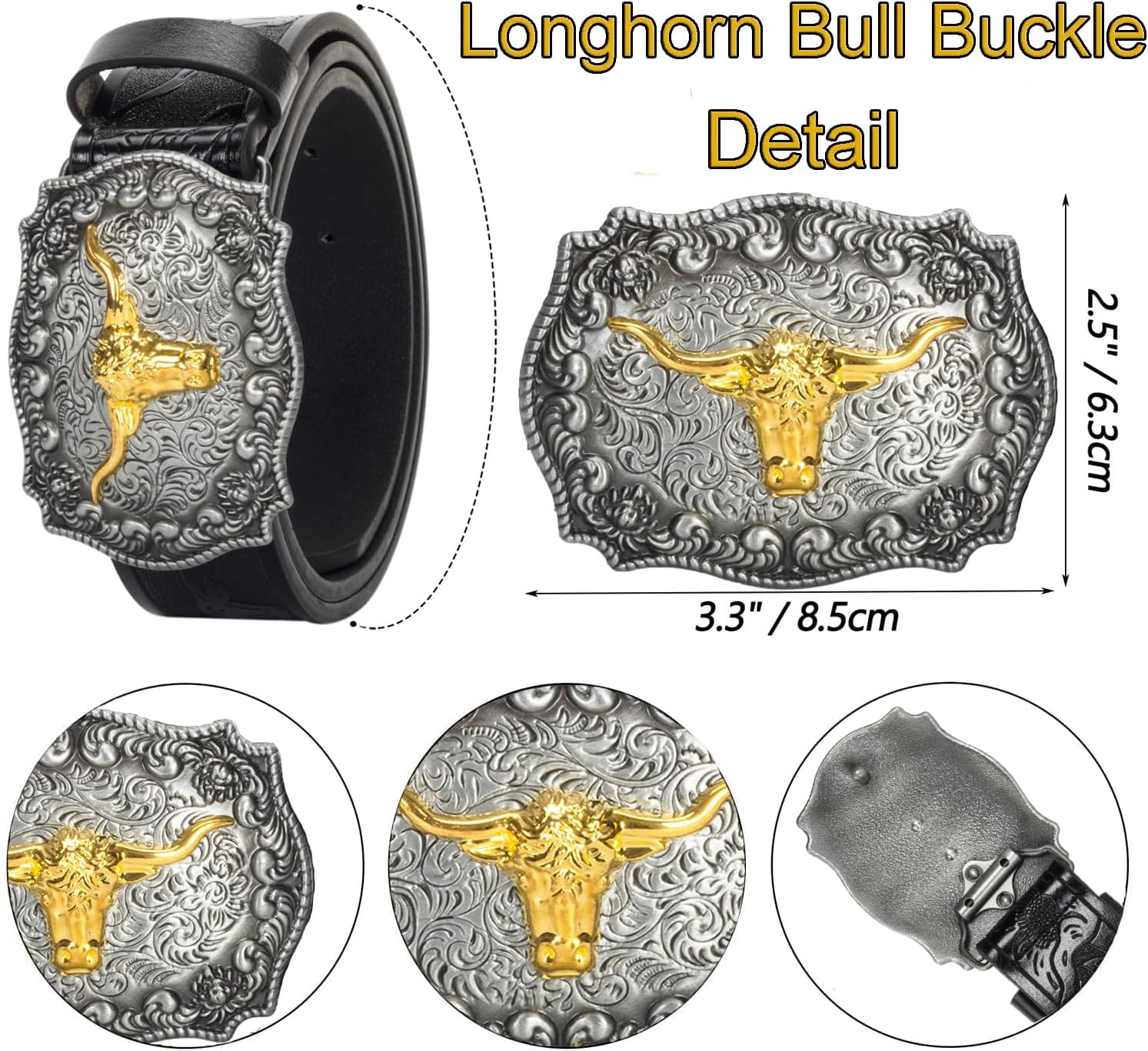 Men Women Western-Cowboy-Belt PU Leather Floral Engraved Bull Buckle-Belts for Jeans (For 27" to 41" Waist) image number 1