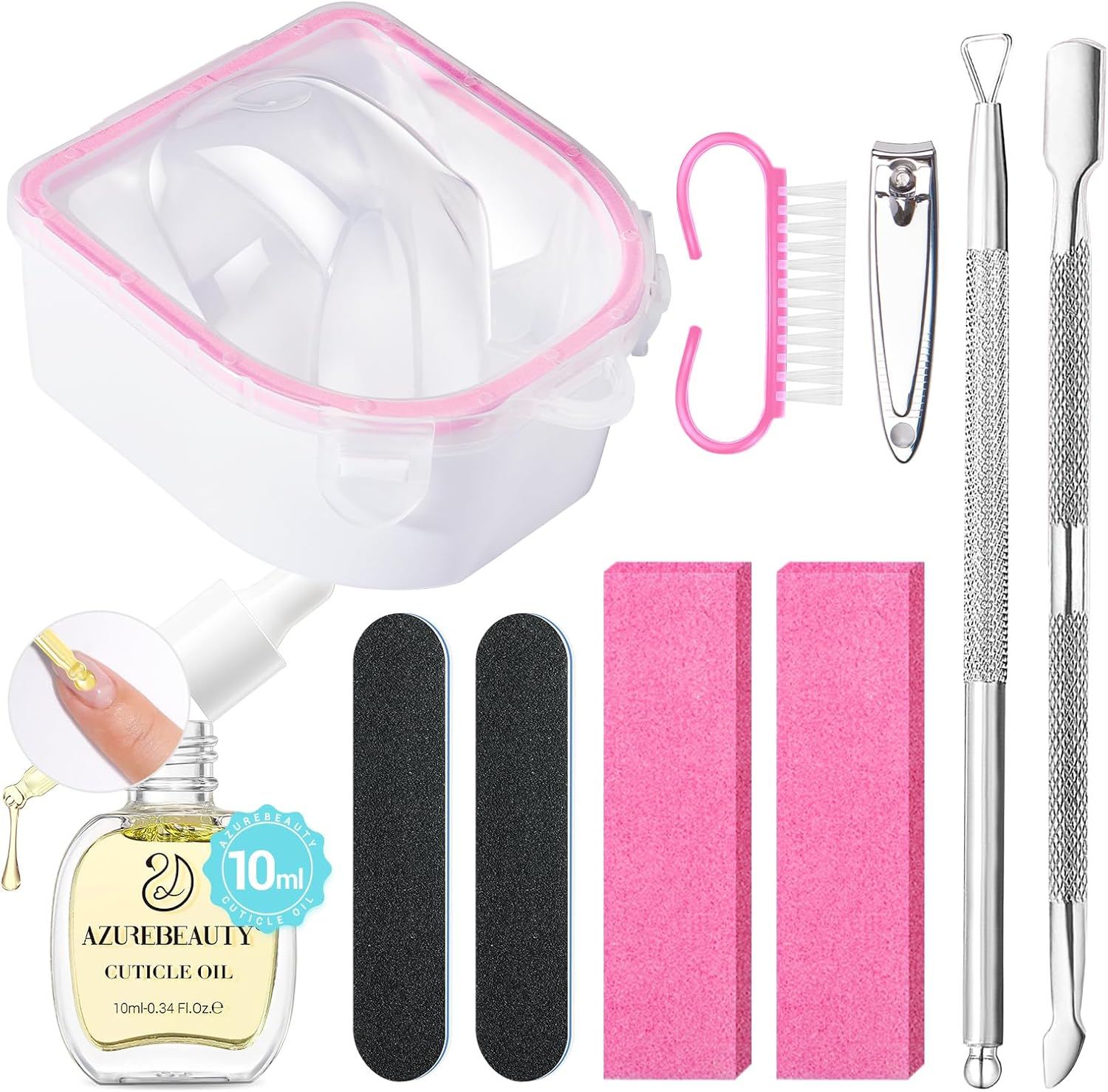 AZUREBEAUTY Nail Soaking Bowl Kit, 10Pcs Tools, Nail Care Kit with Bowl, 15Ml Cuticle Oil, Clipper, Triangle Peeler, Double-Ended Pusher, Brush, 2X File, Buffer image number 2