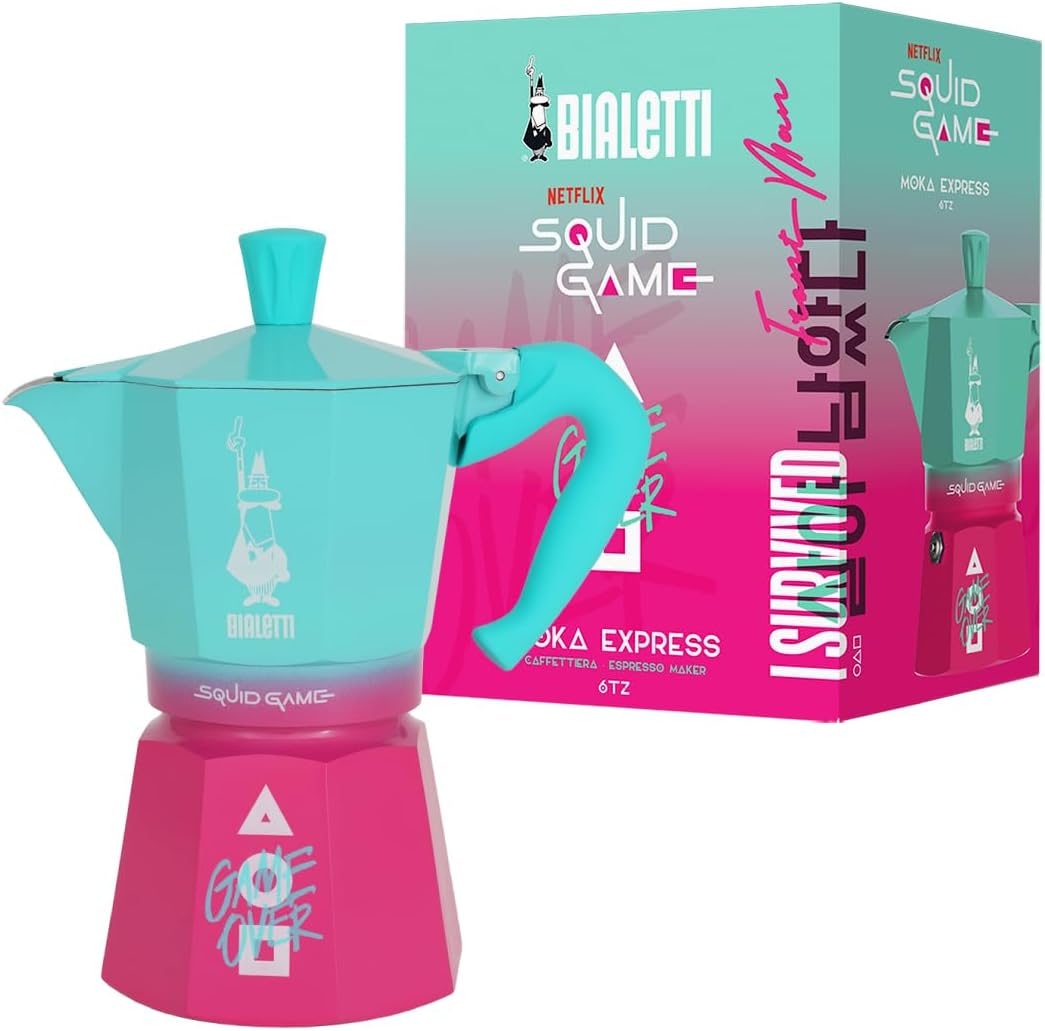 Bialetti Moka Express &ndash; Squid Game Collection | Iconic Stovetop Espresso Maker | Makes Real Italian Coffee | 3 Cup Moka Pot (130 Ml) | Aluminium | Pink and Teal image number 4
