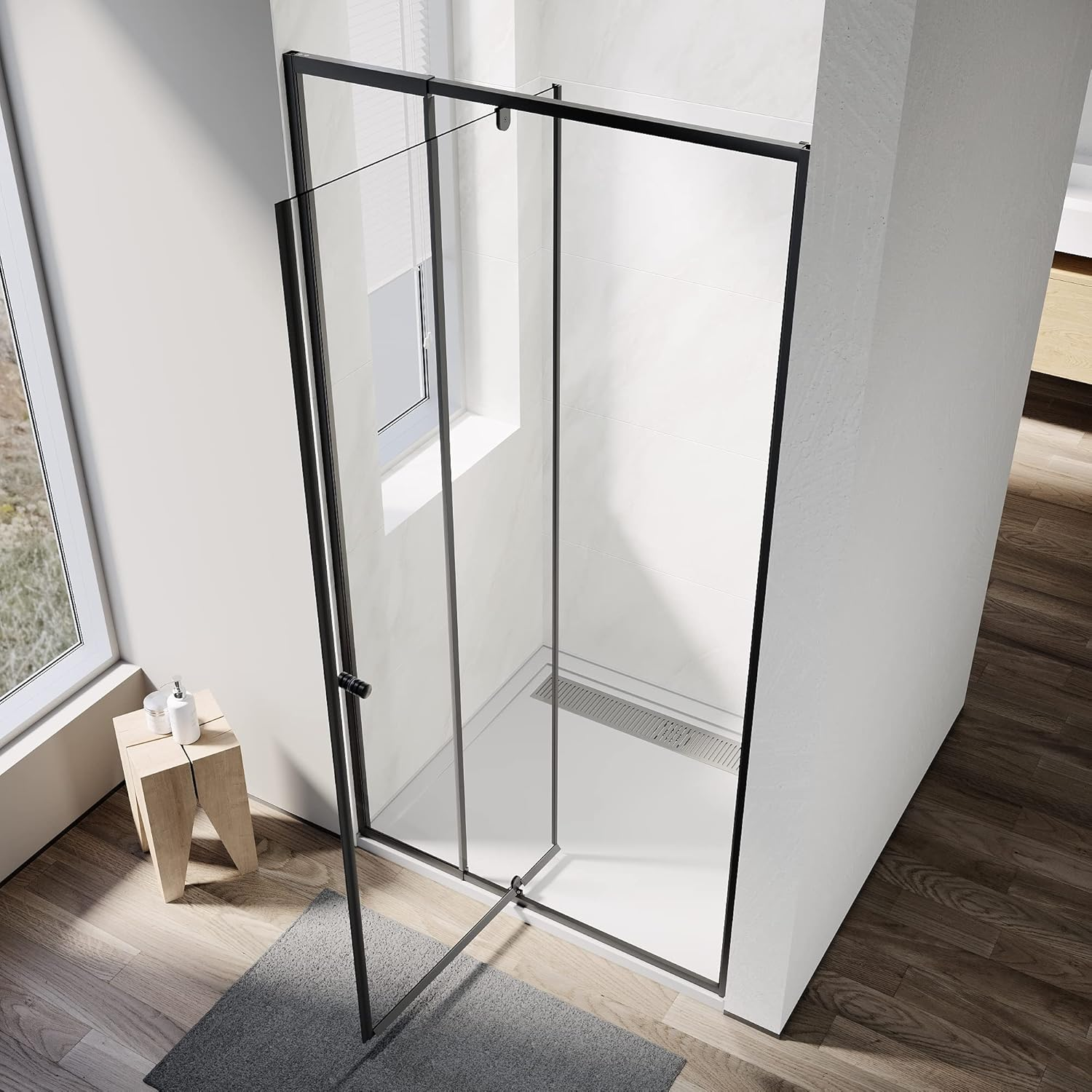 ELEGANT Semi-Frameless Shower Doors, Black Pivot Door, 5Mm Safety Glass Rail Adjustable, Fits 80-90Cm, Reversible Shower Enclosure Cubicle image number 5